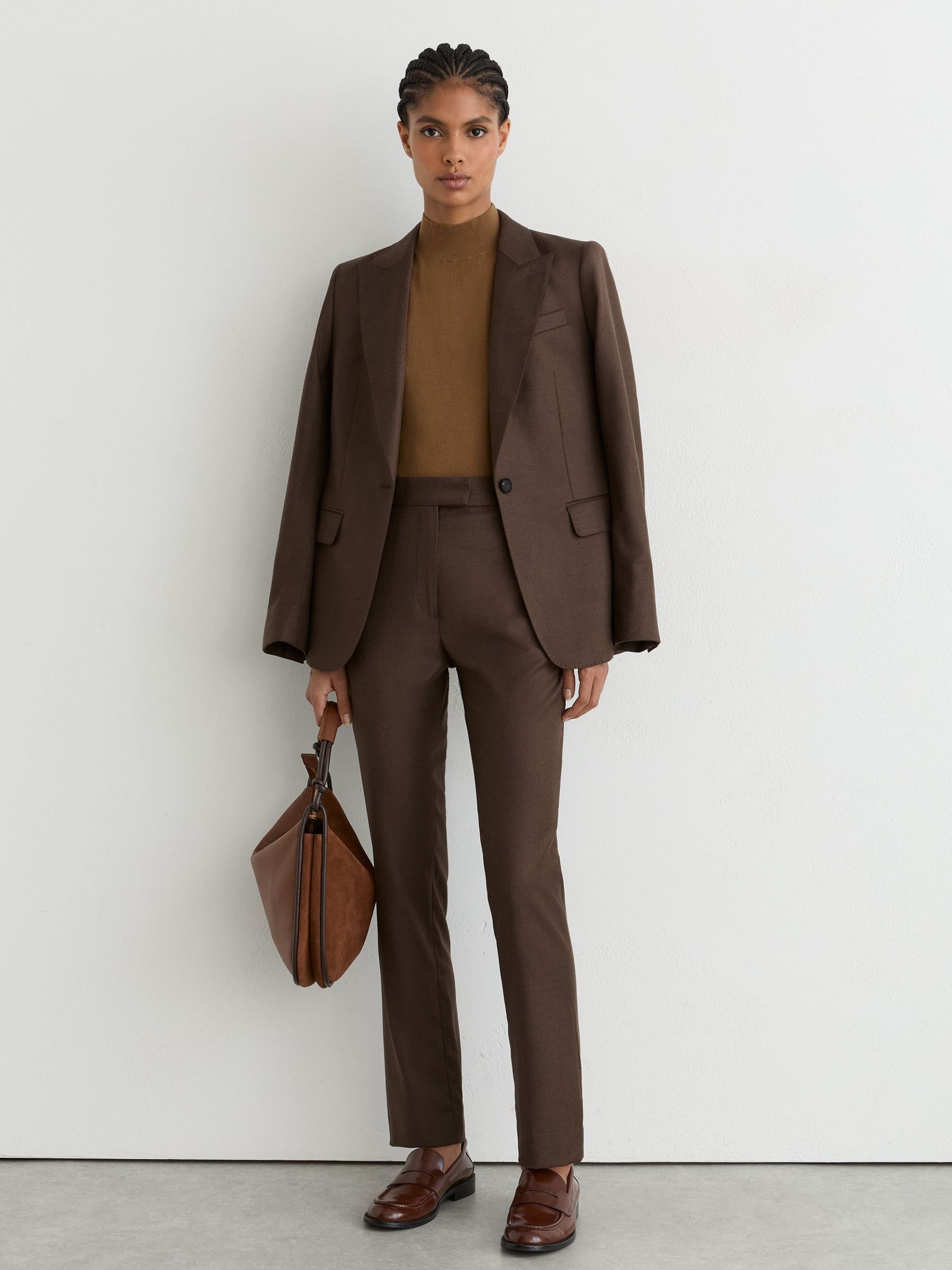 Mokkabraun - Wool-blend Slim-leg Trousers