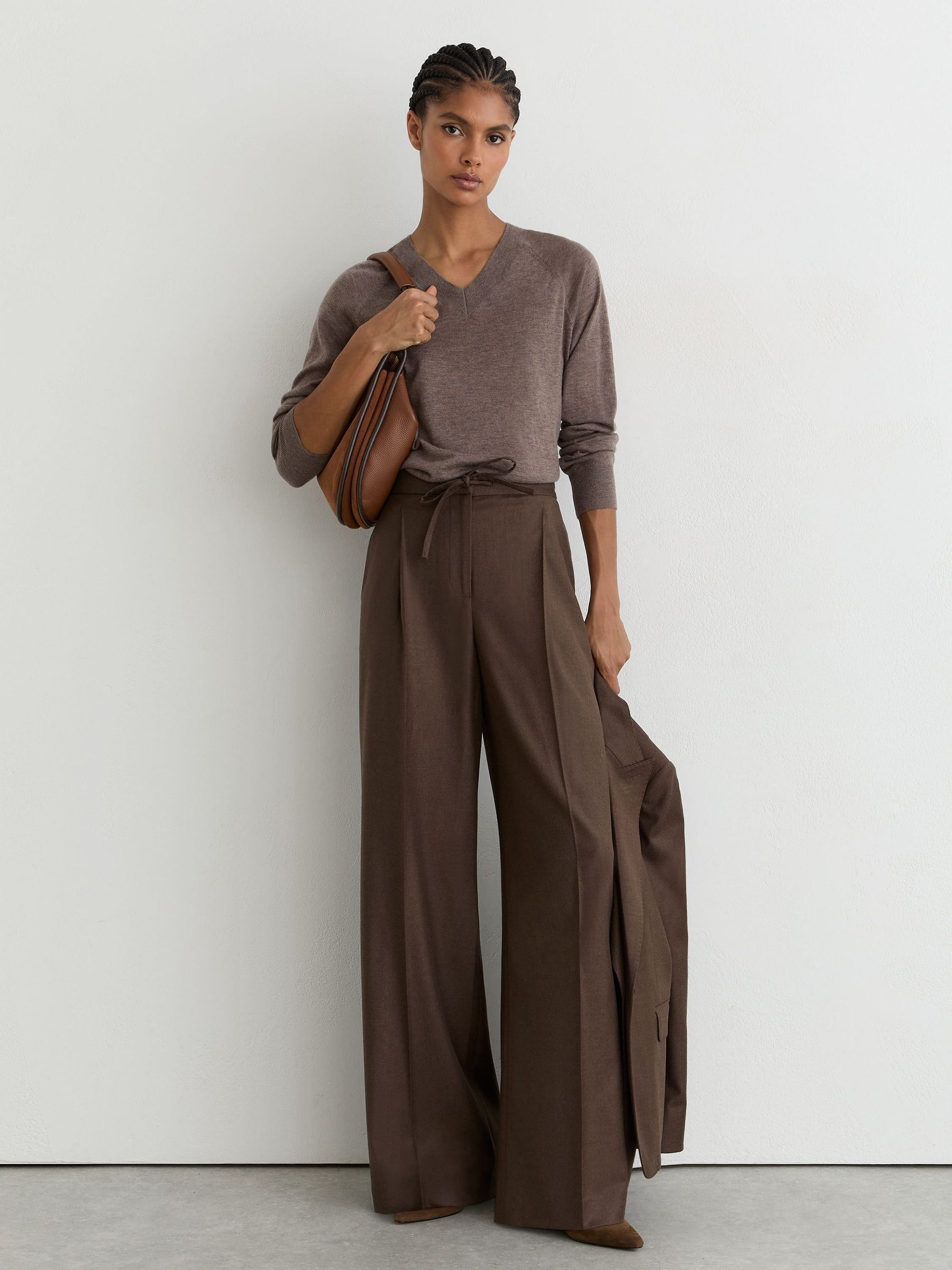 Mocha Brown - Wool-blend Wide-leg Drawstring Trousers