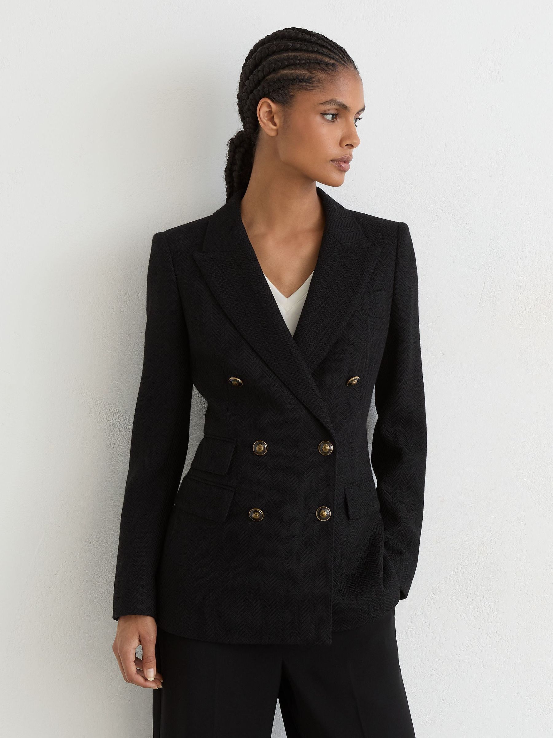 أسود - Wool-blend Twill Double-breasted Blazer