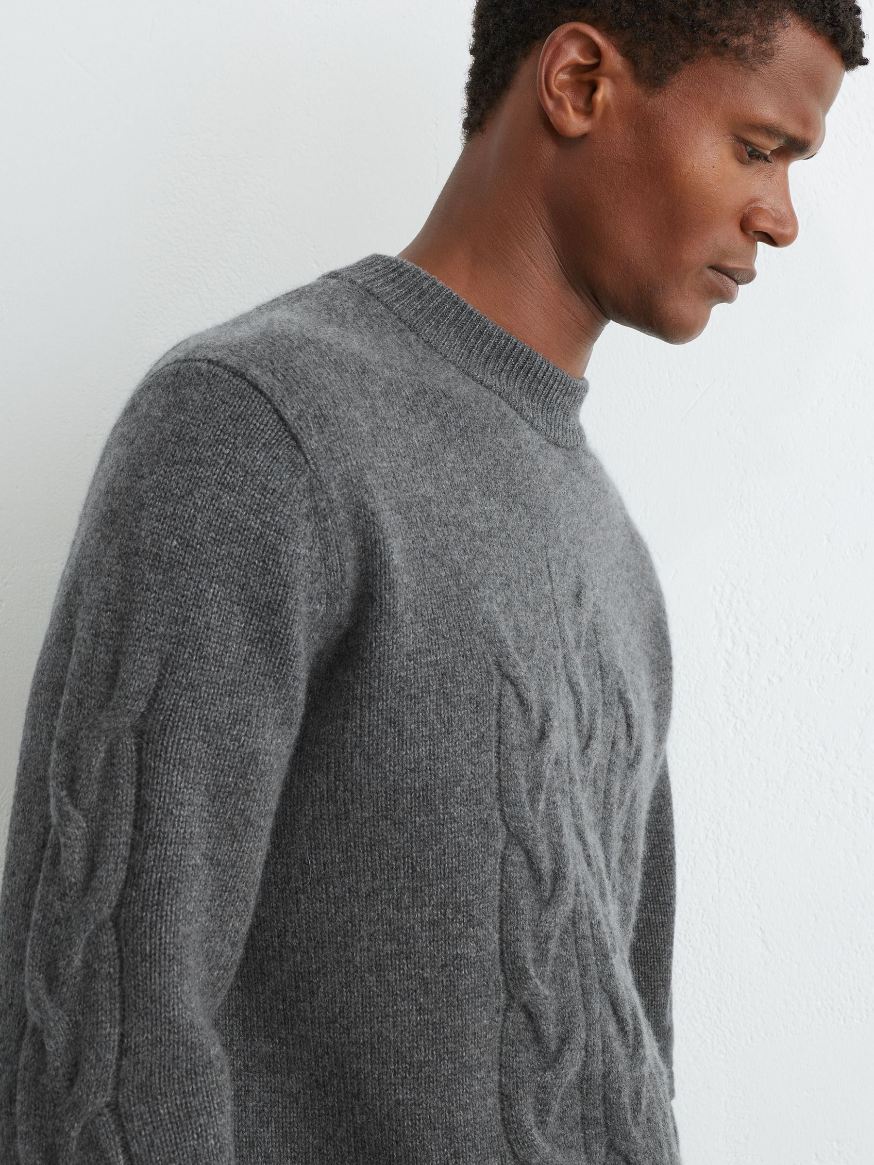 Mid Grey Melange - Regular 100% Cashmere Cable Knit-detail Jumper