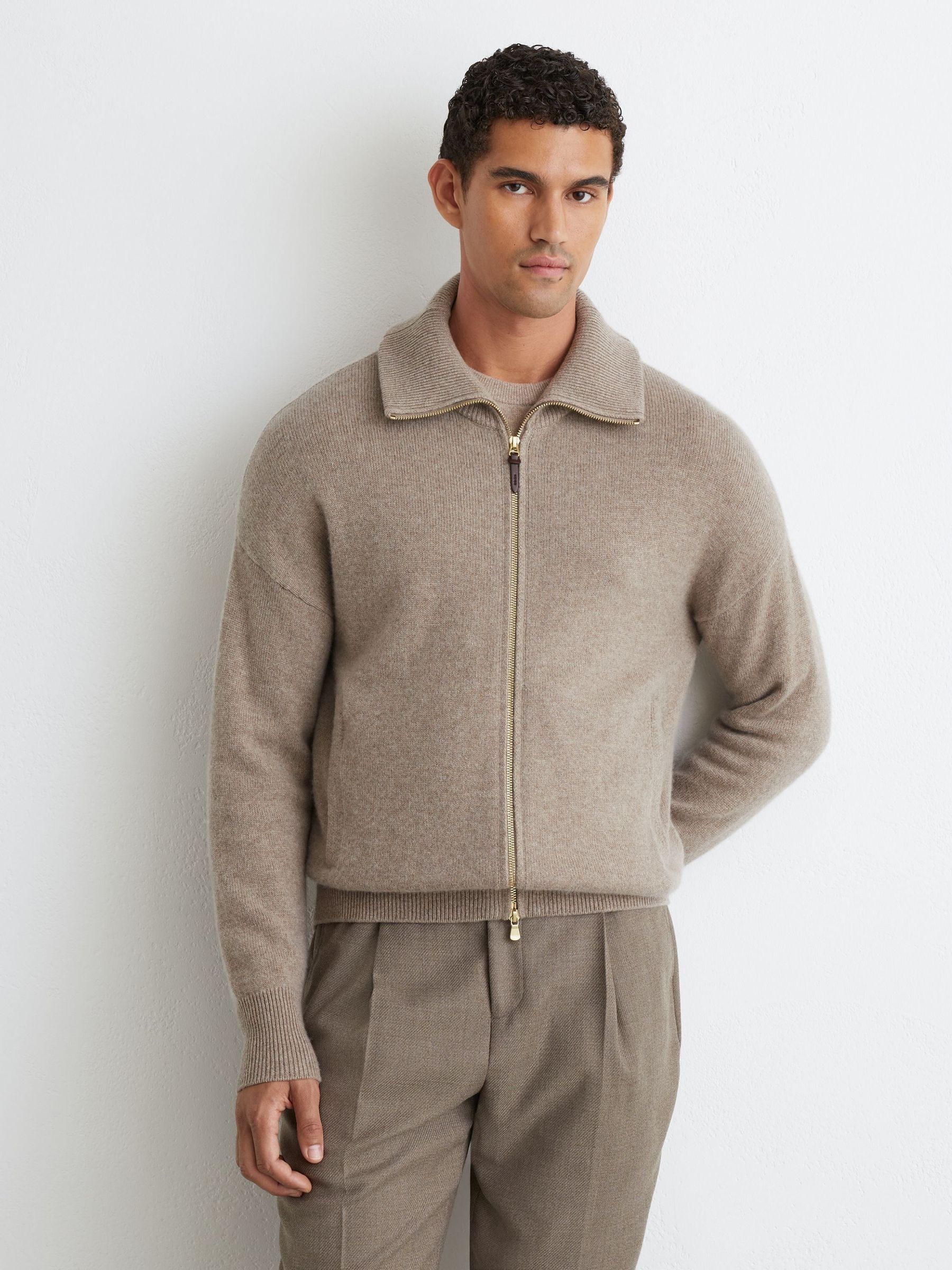 Taupe Melange - Regular 100% Cashmere Zip-through Cardigan