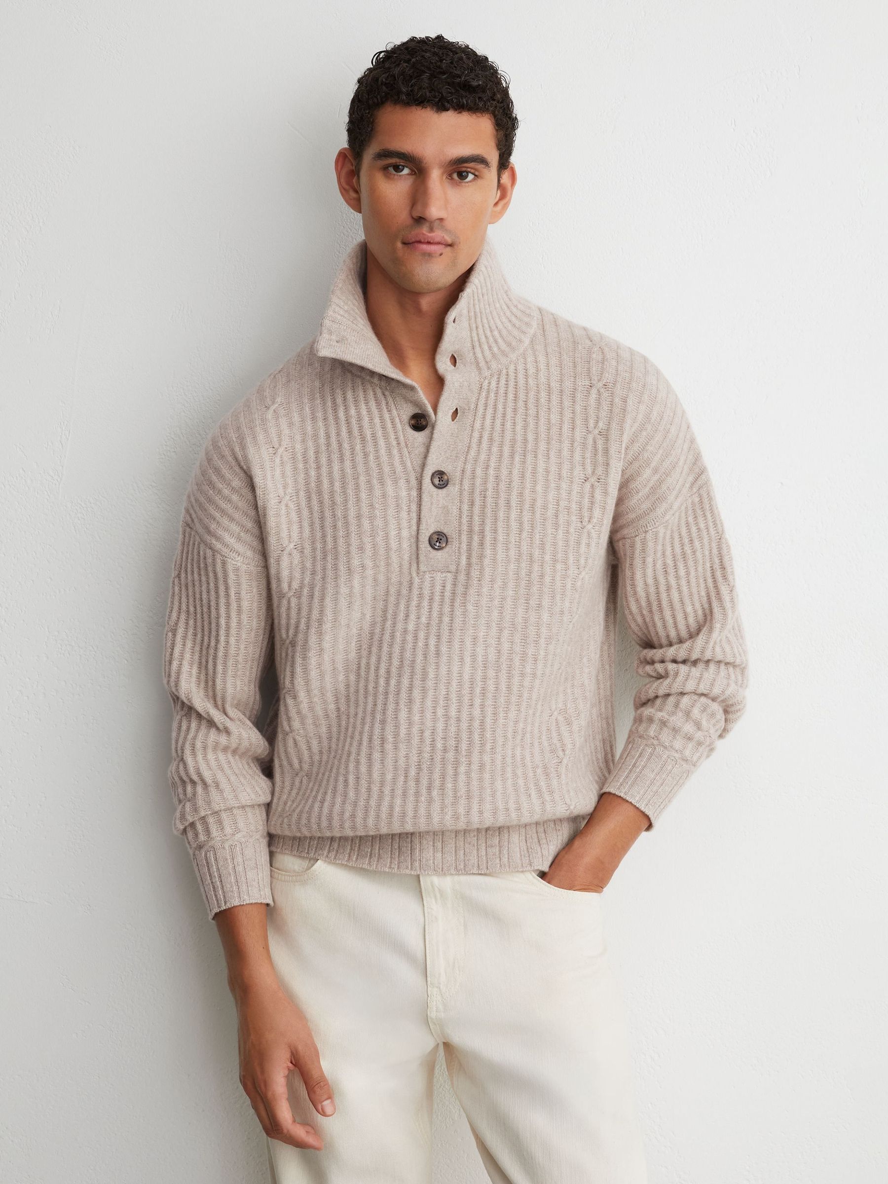 Oatmeal - Regular 100% Cashmere Rib-knit Half-button Jumper
