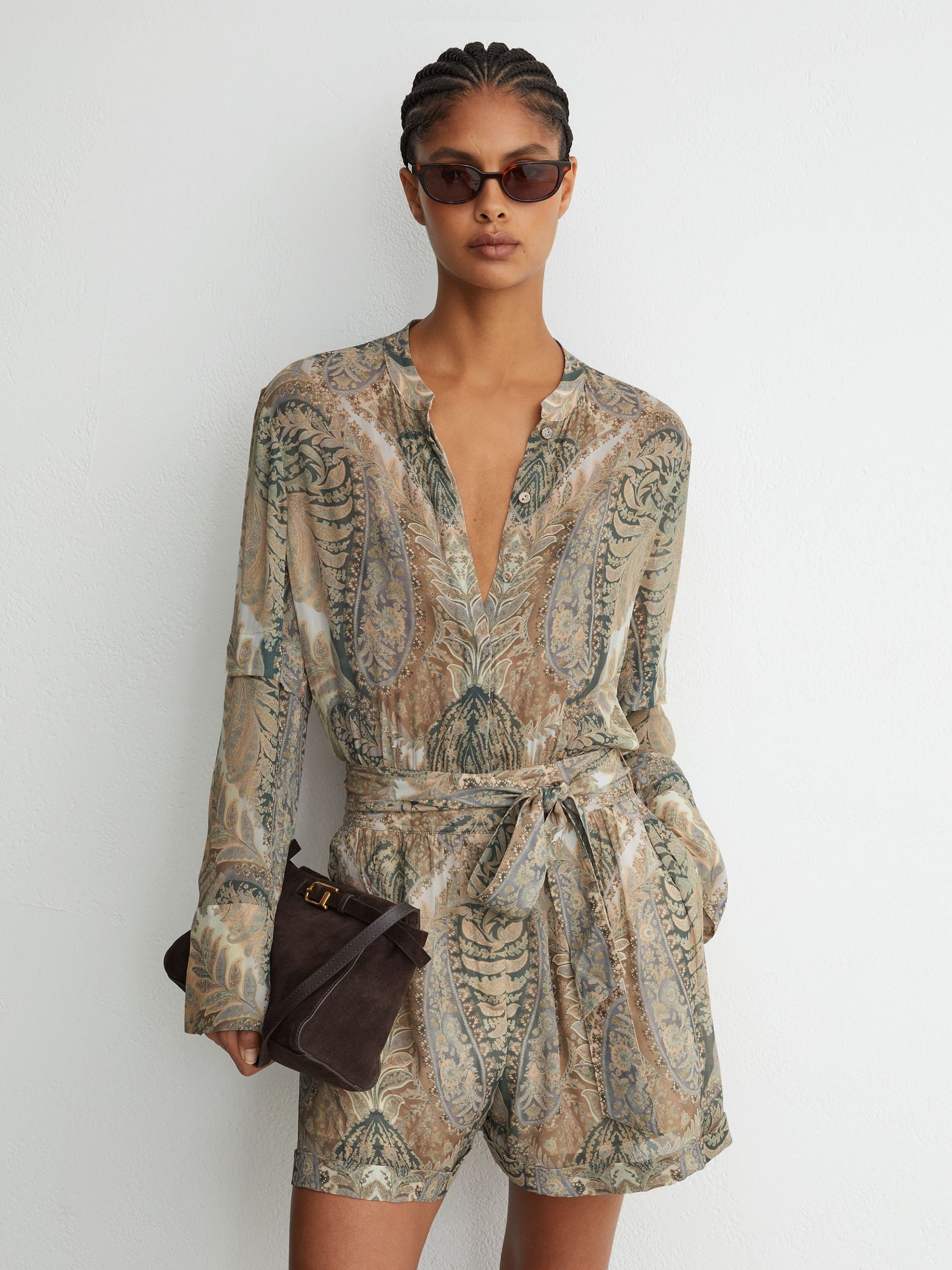 灰色/素色 - Paisley-print Tie-waist Playsuit