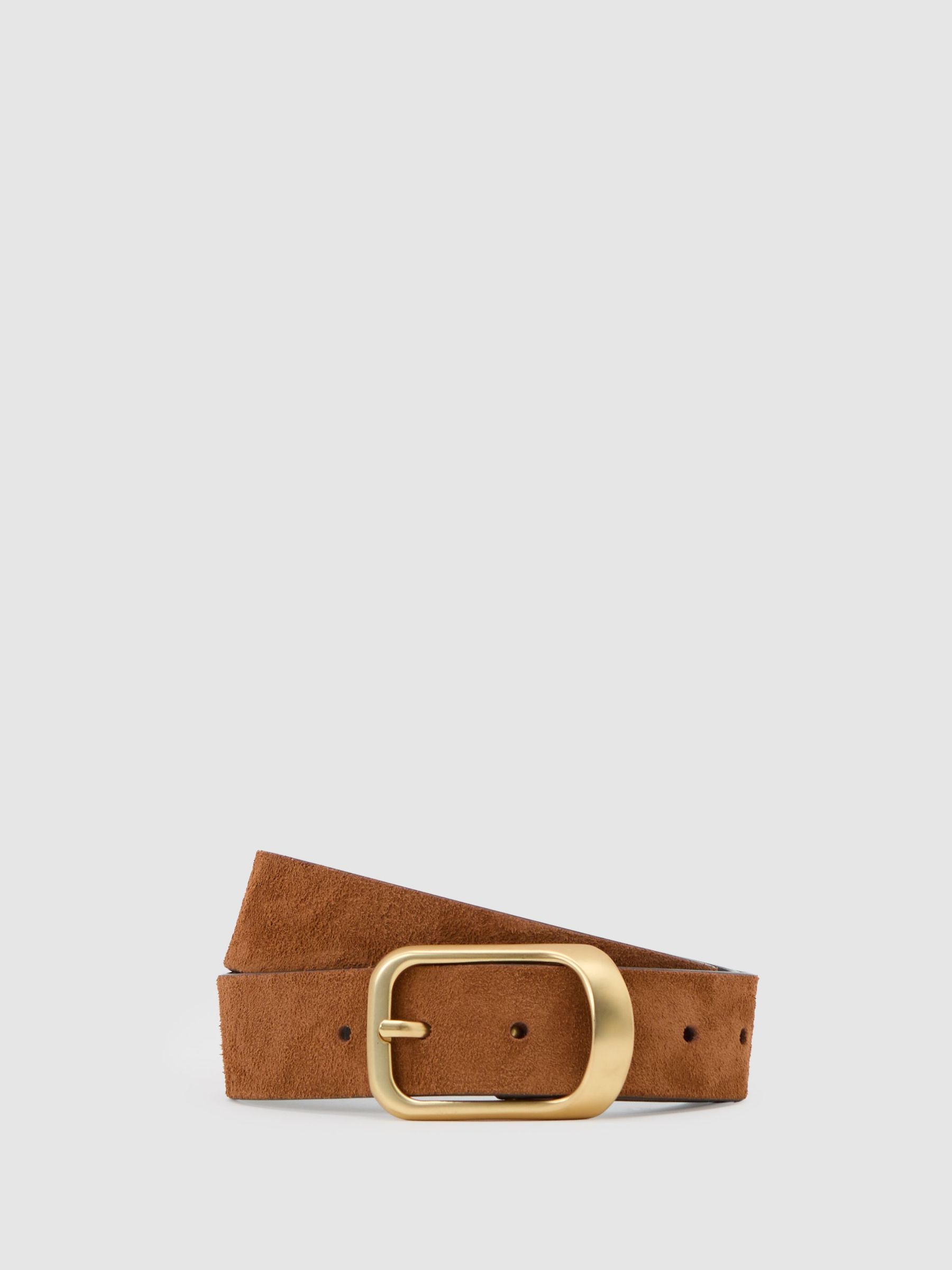 Suede Curved-Buckle Belt in Tan (W06514) | $150