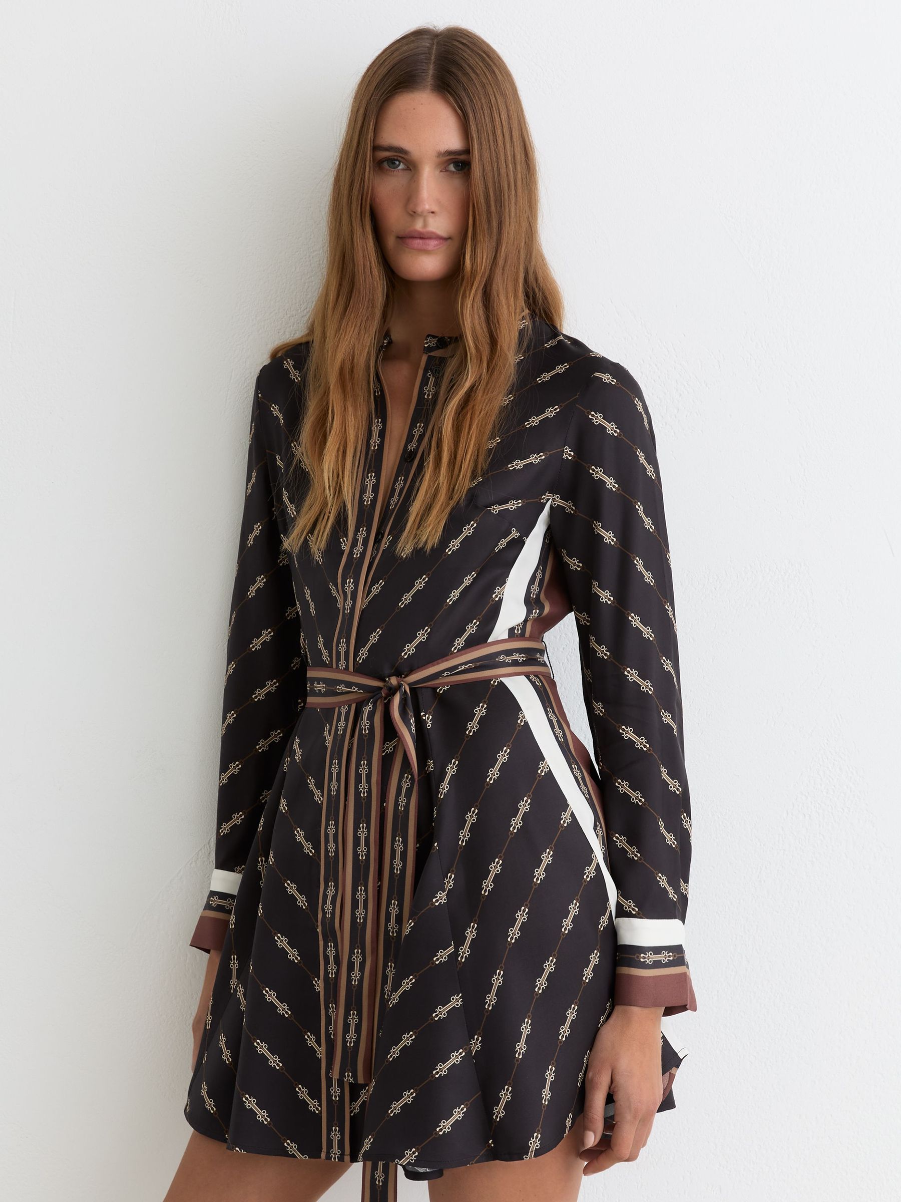 Chain-Print Belted Mini Dress in Black (W06523) | $400