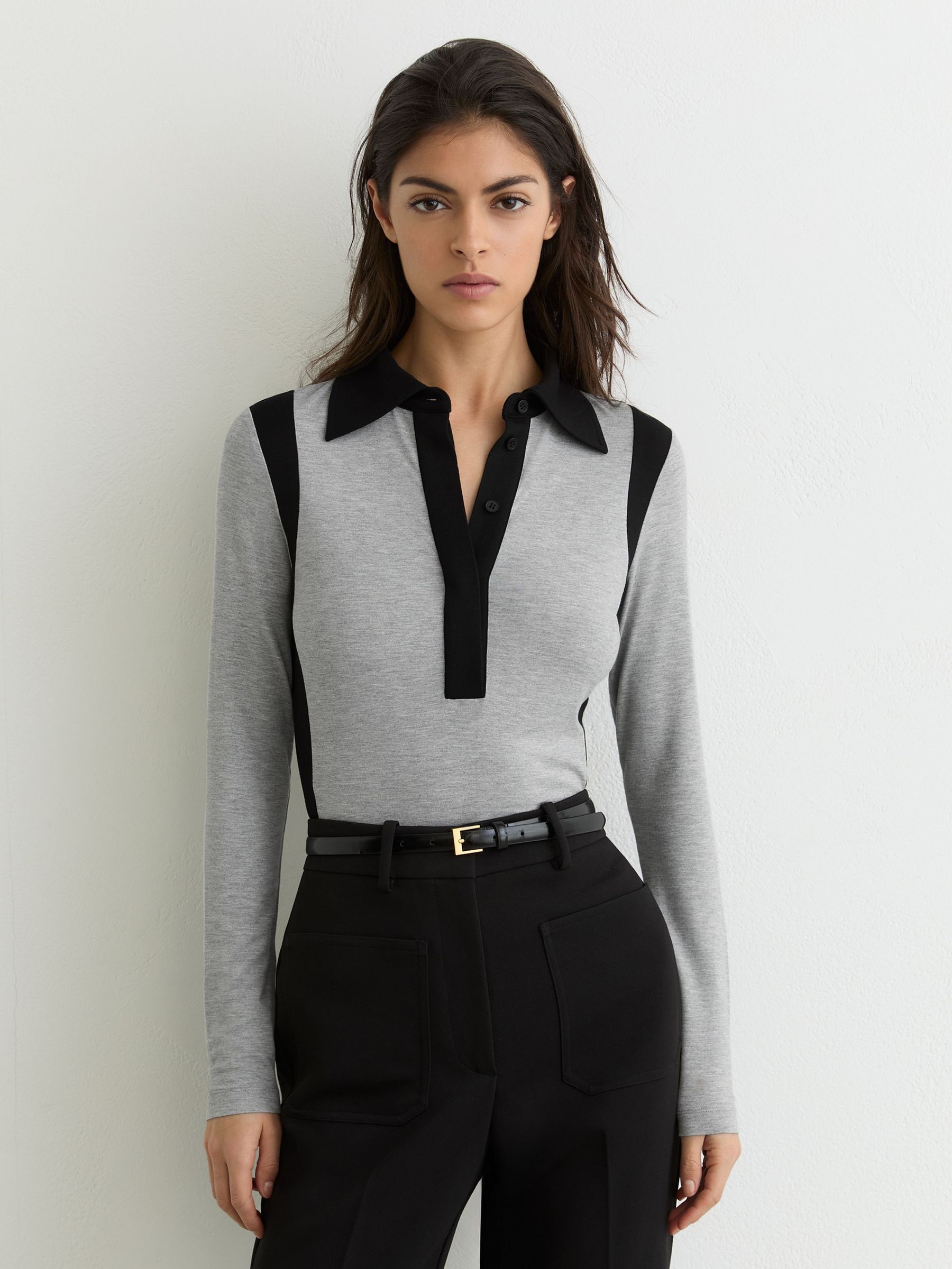 Jersey Colour-Block Long-Sleeve Shirt in Grey Marl/Black (W08814) | kr1 160