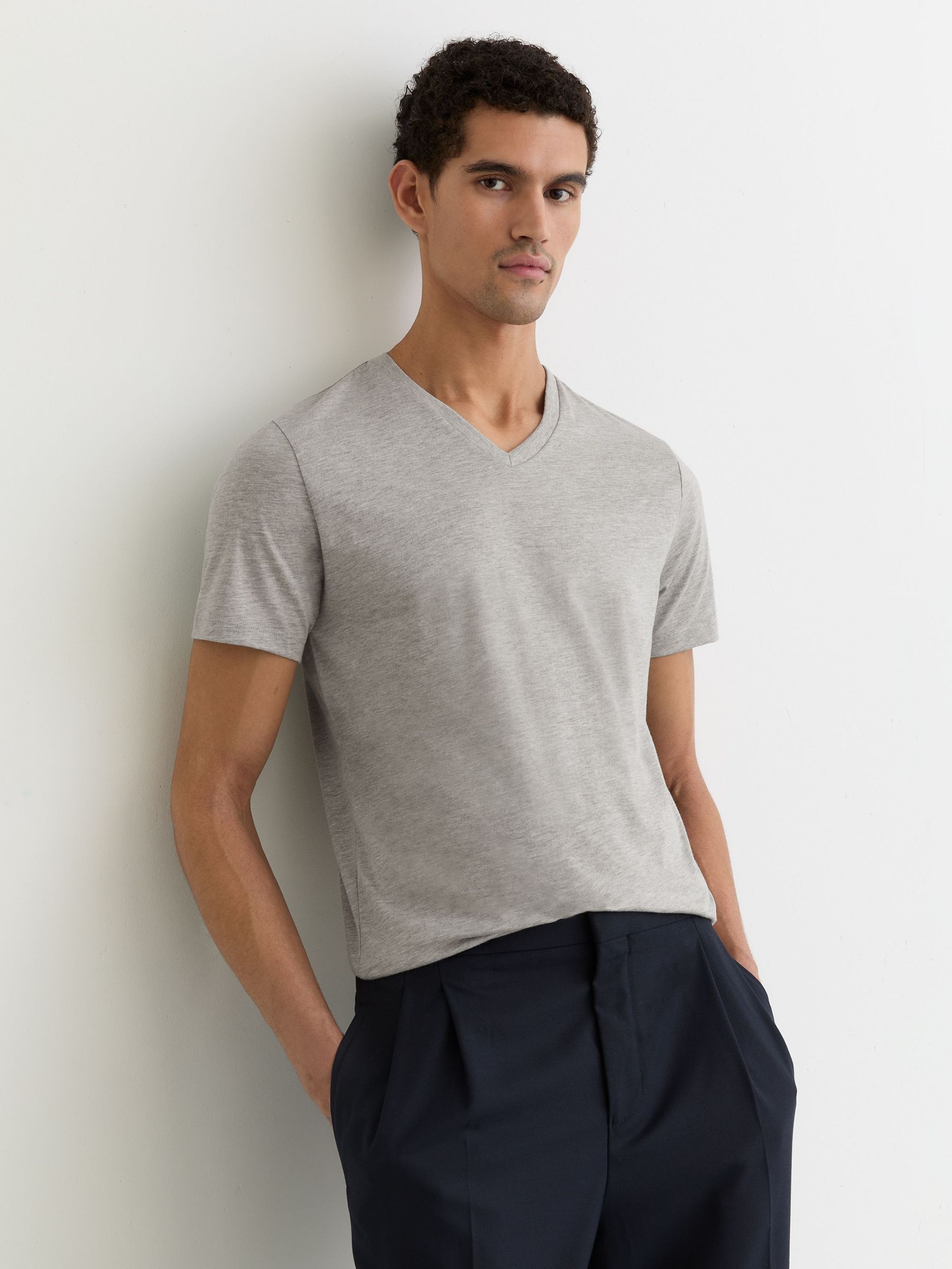 Cotton V-Neck T-Shirt in Grey Melange (W10843) | €40