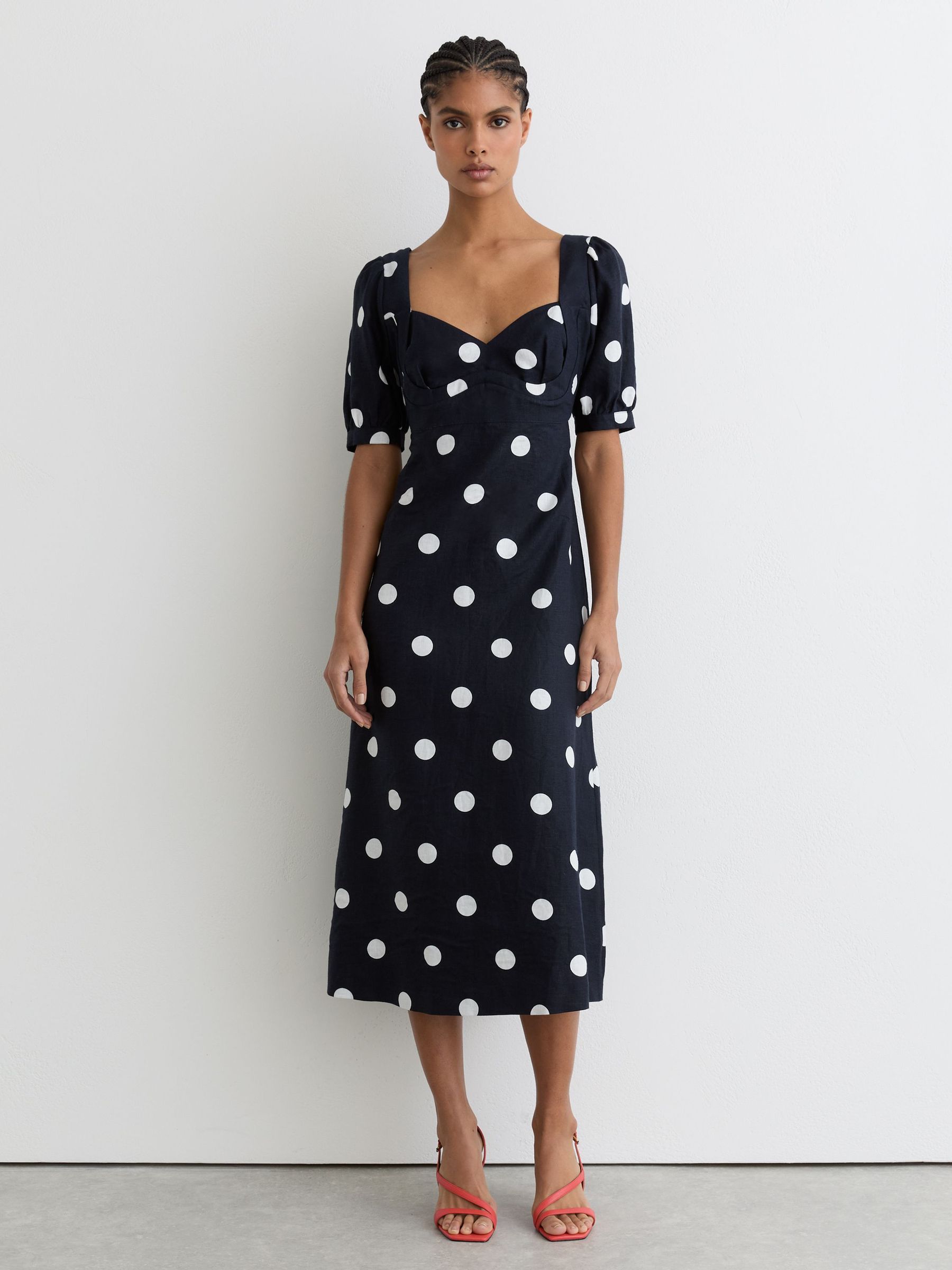 Linen Puff-Sleeve Polka-Dot Midi Dress in Navy/Ivory (W10851) | €335