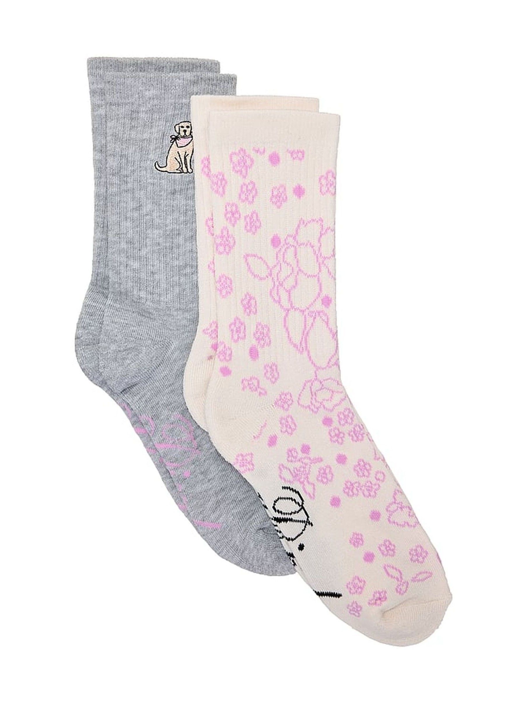 Grey/Floral Print - 2 Pack Crew Socks