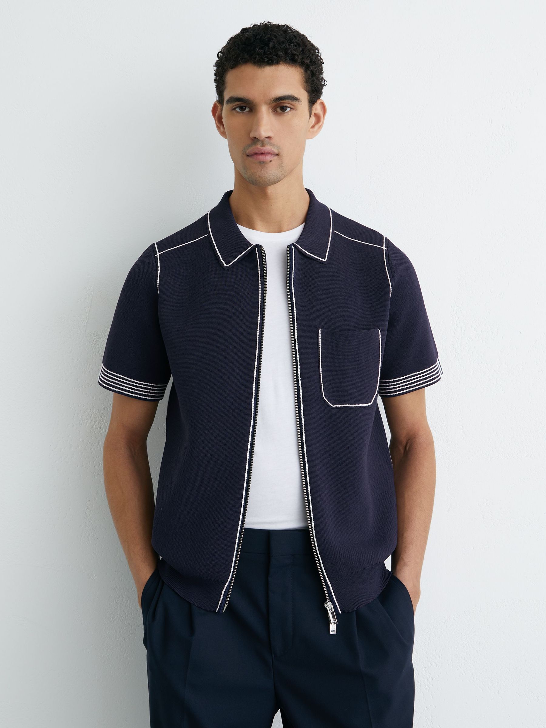 Stitch-Detail Zip-Through Knit Shirt in Navy (W16047) | 830 SAR