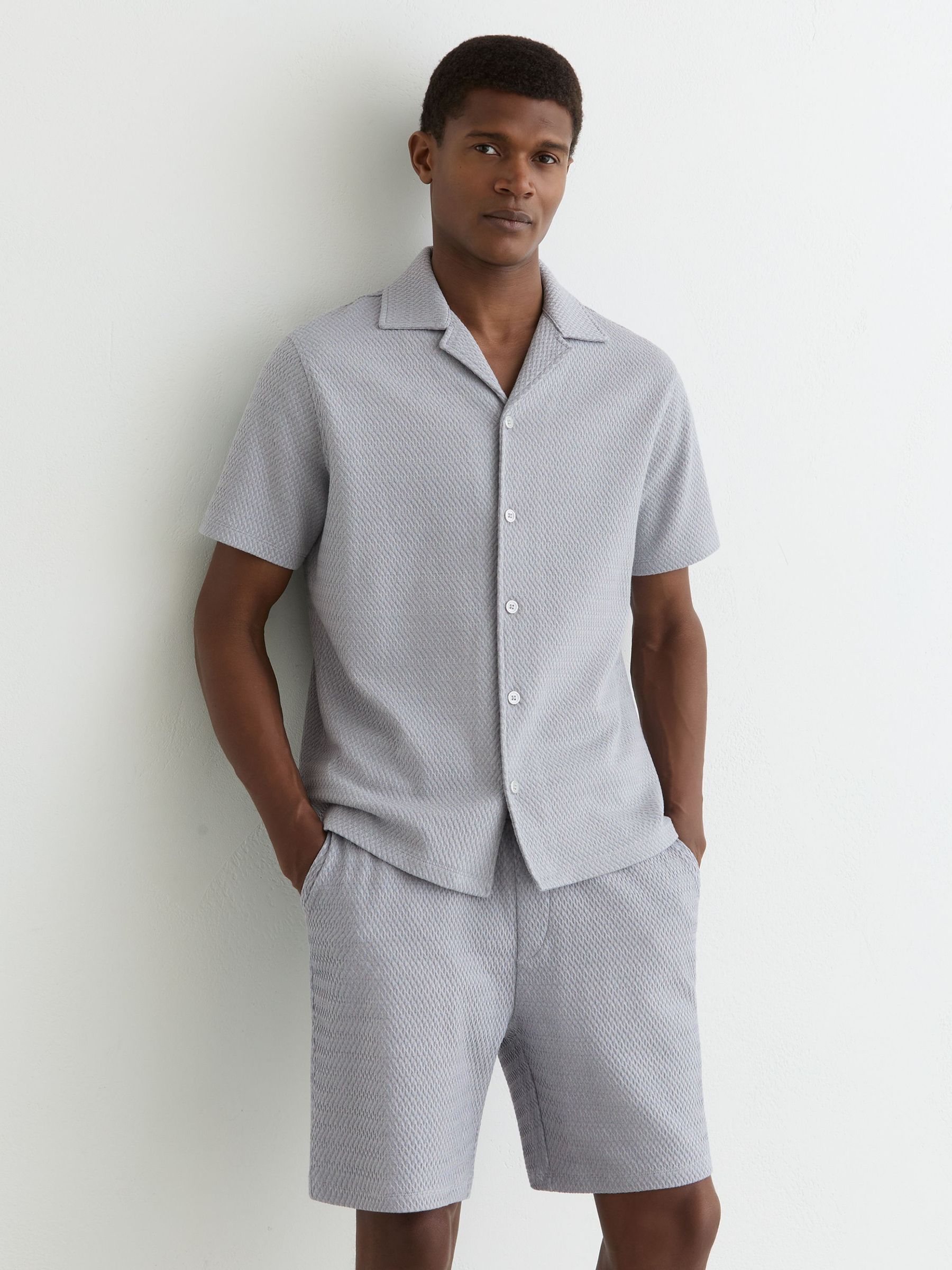 Textured Jacquard Cuban-Collar Shirt in Soft Blue (W16080) | €115