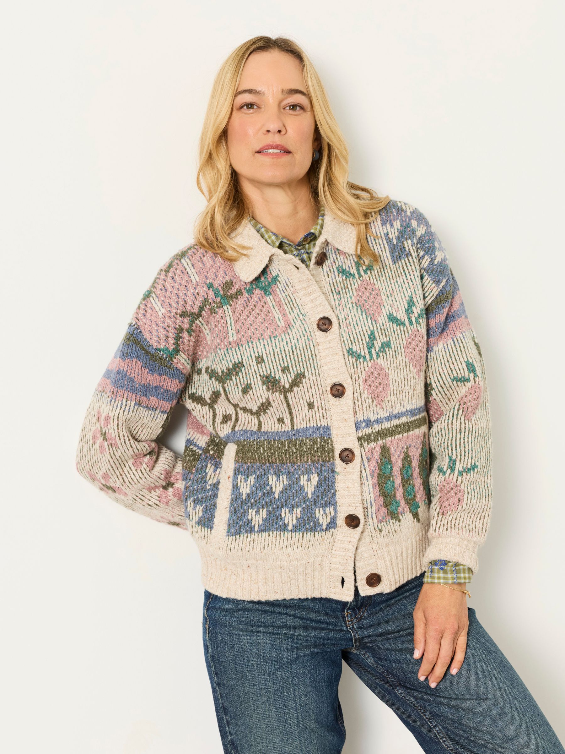 Natural - Allotment Pattern Knitted Cardigan