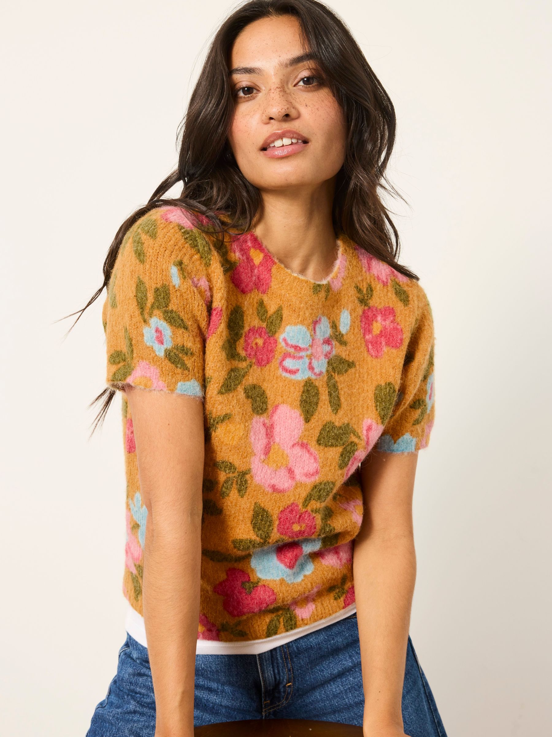 Yellow Floral - Fluffy Knit Top
