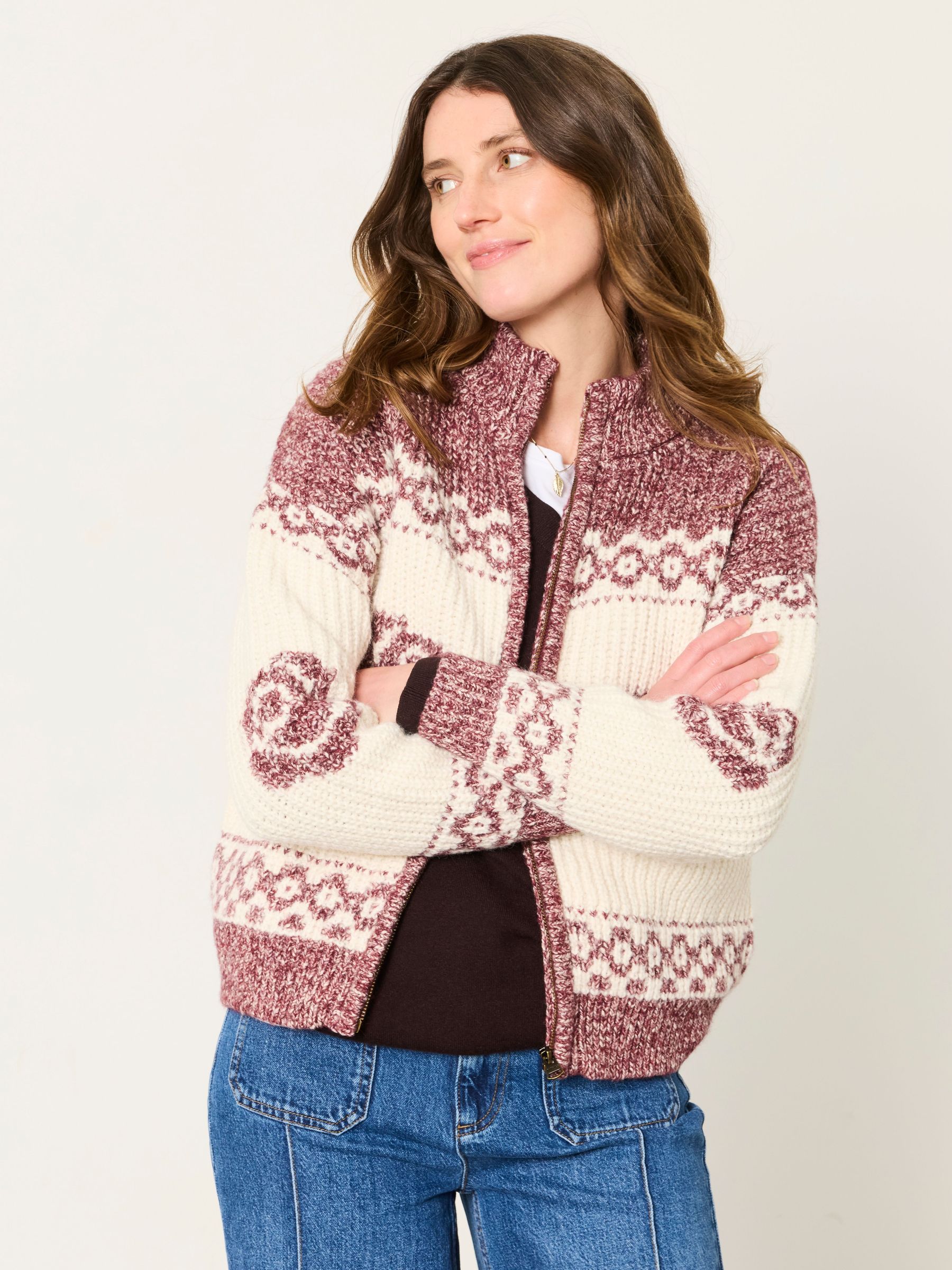 Purple - Aria Knitted Floral Zip Through Cardigan