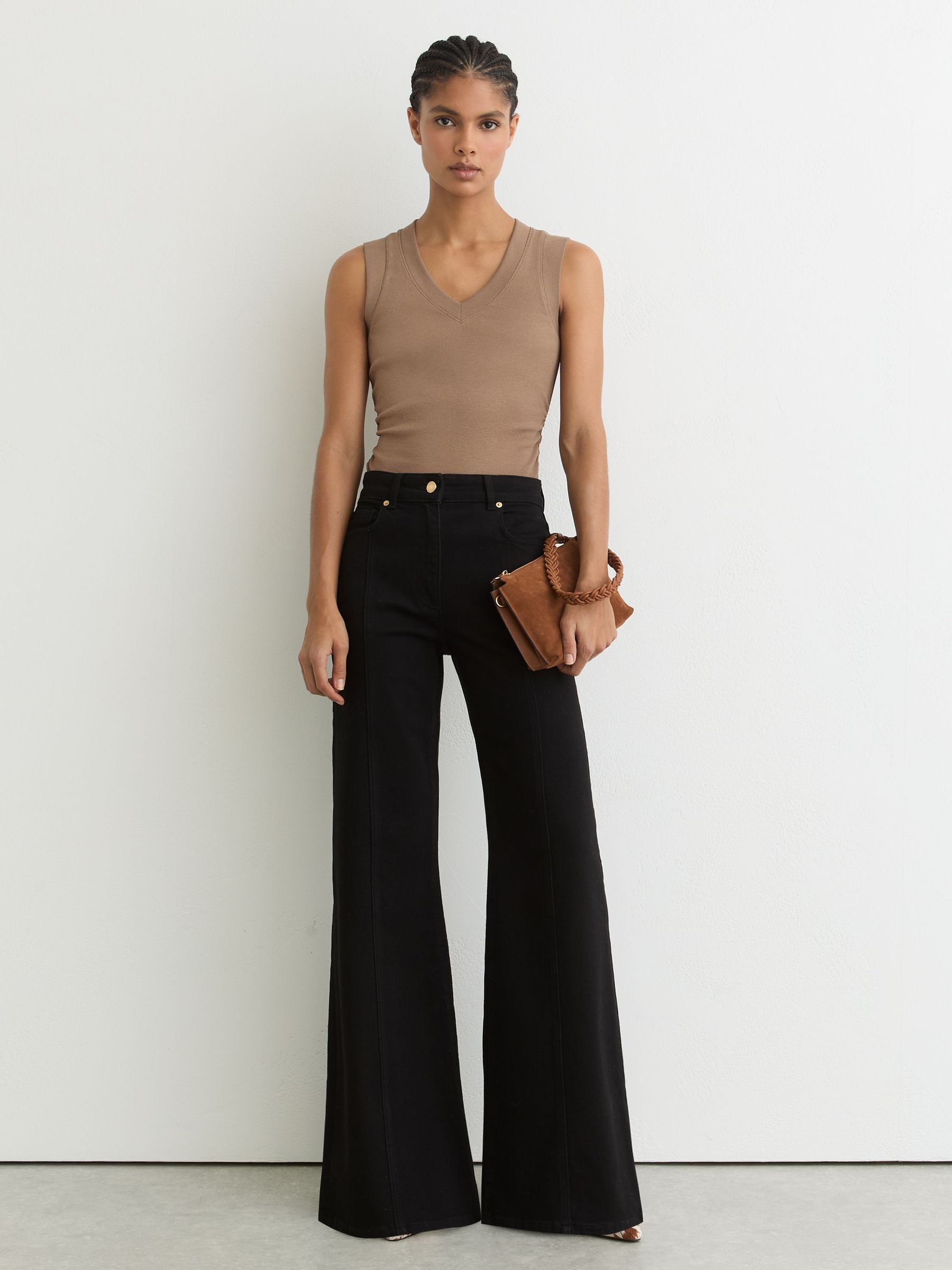 Stretch-Cotton Rib Ruched V-Neck Vest in Neutral (W16921) | $90