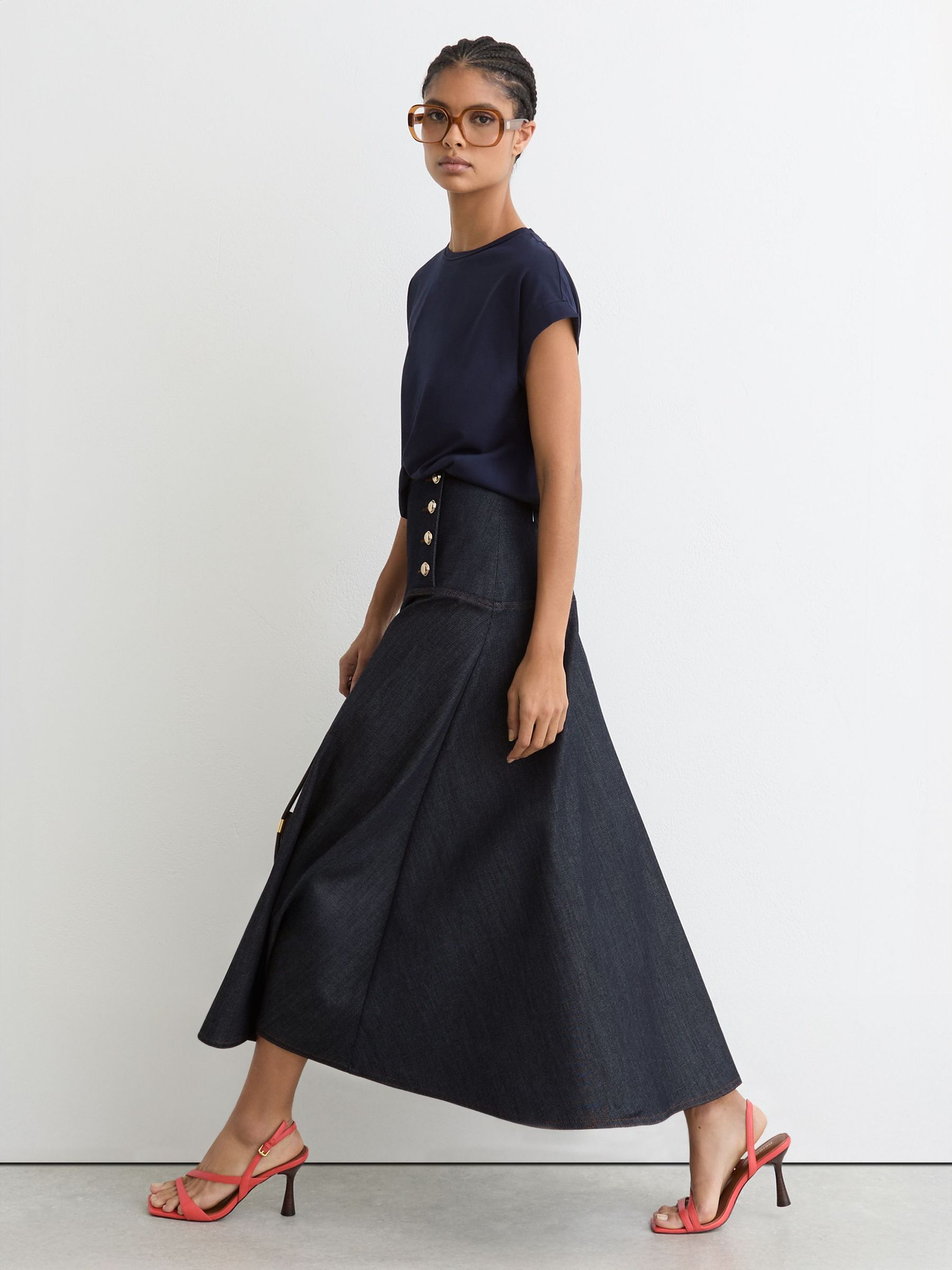 Button-Detail Denim Midi Skirt in Dark Blue (W18500) | AED900