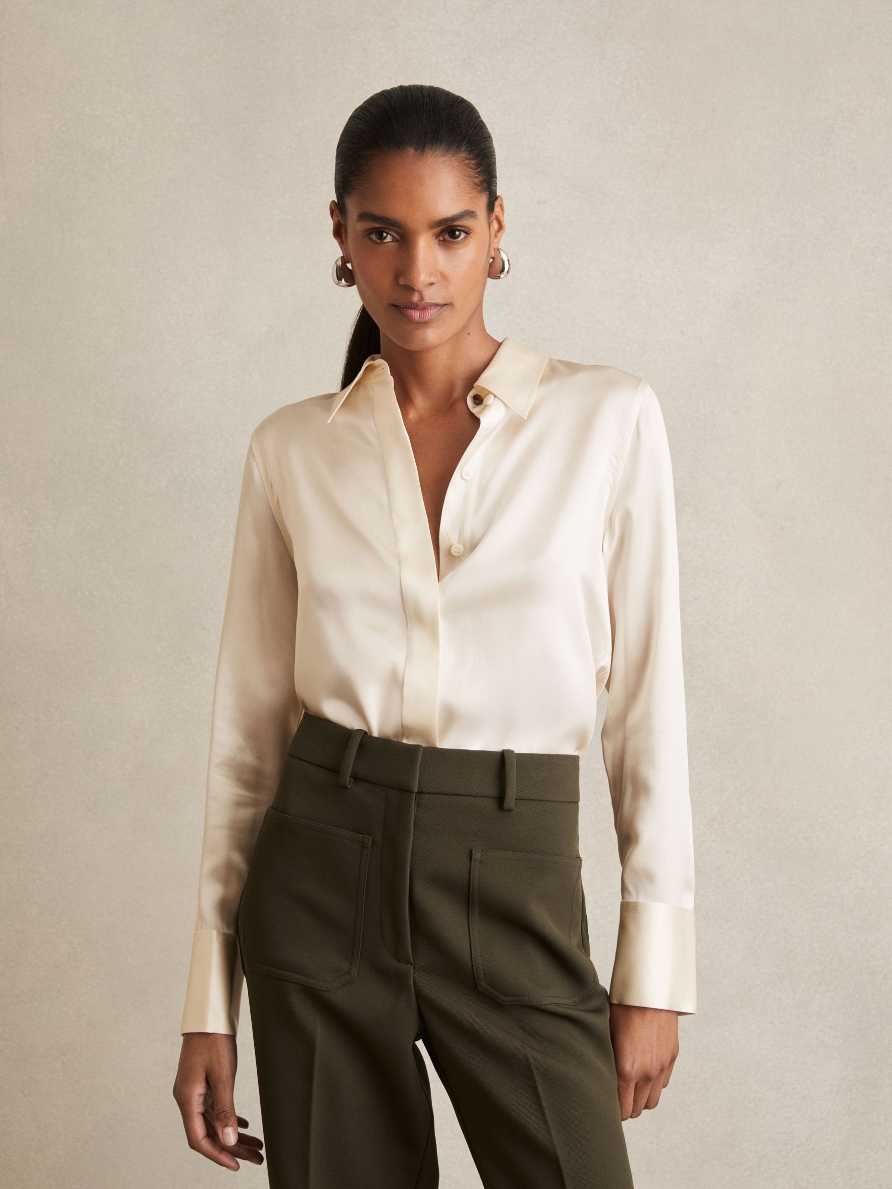 Silk-Satin Concealed-Placket Shirt in Ivory (W22491) | US$330