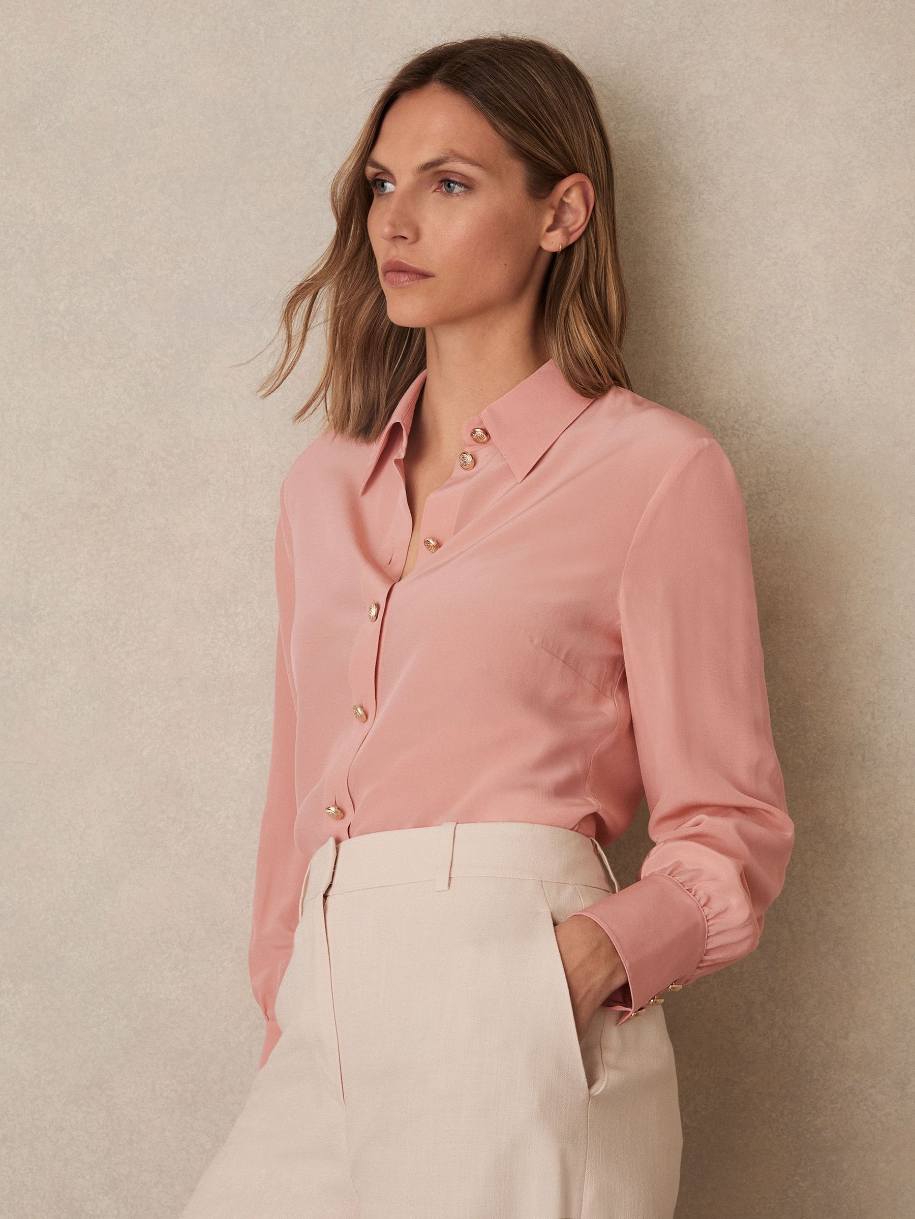 Silk Embossed-Button Shirt in Pink (W22503) | $440