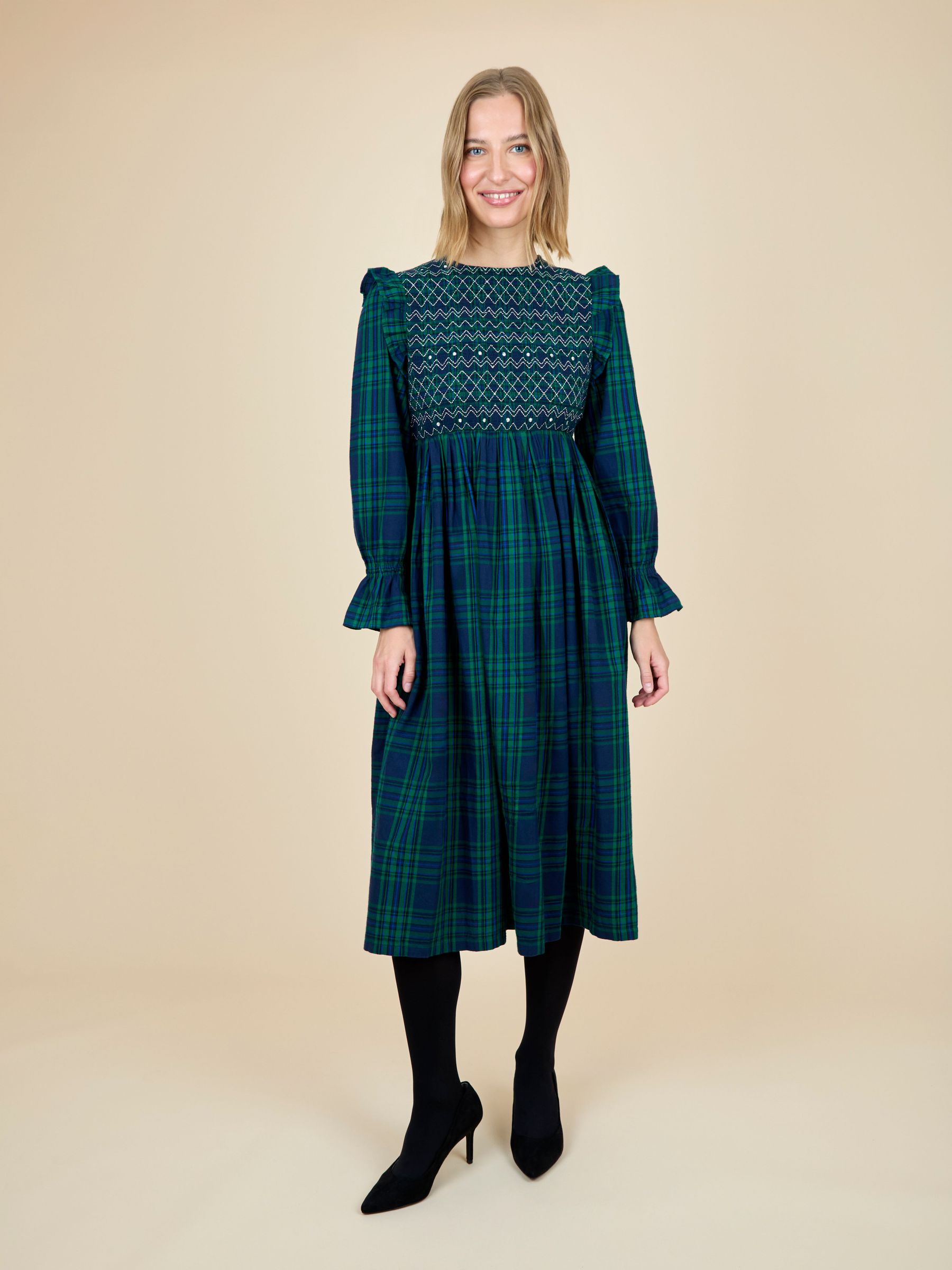 Green High Neck Checked Women's Dress (W24299) | $111