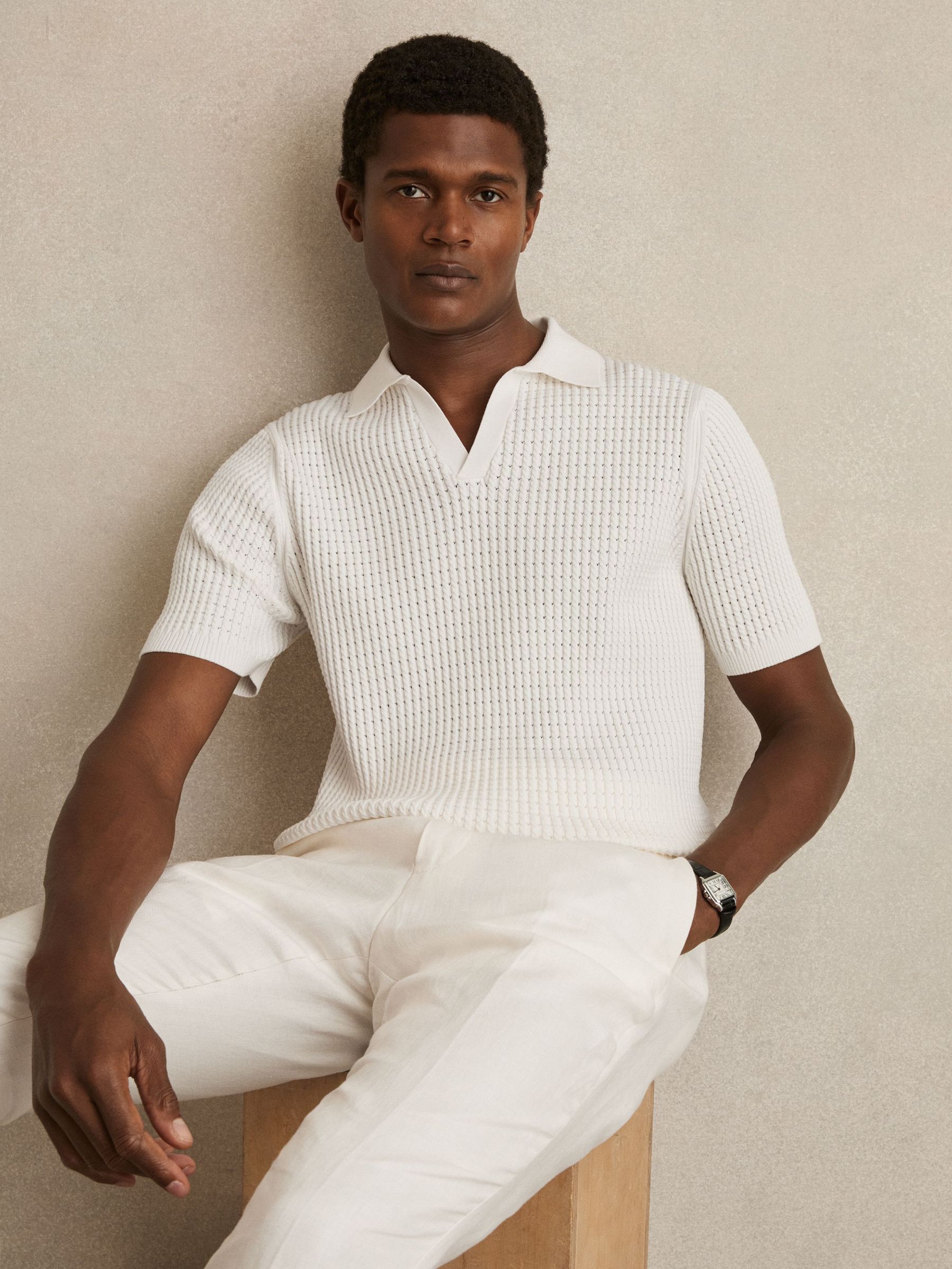 Micro-Cable Open-Collar Cotton-Blend Shirt in White (W24978) | $245