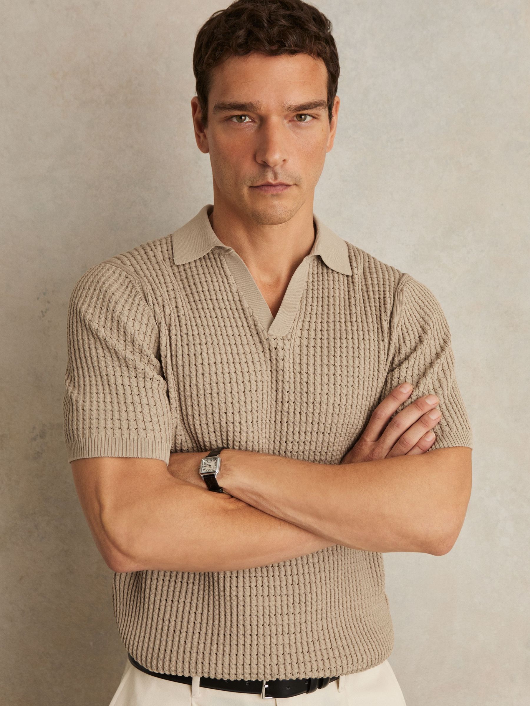 Micro-Cable Open-Collar Cotton-Blend Shirt in Light Camel Brown (W24982) | US$195