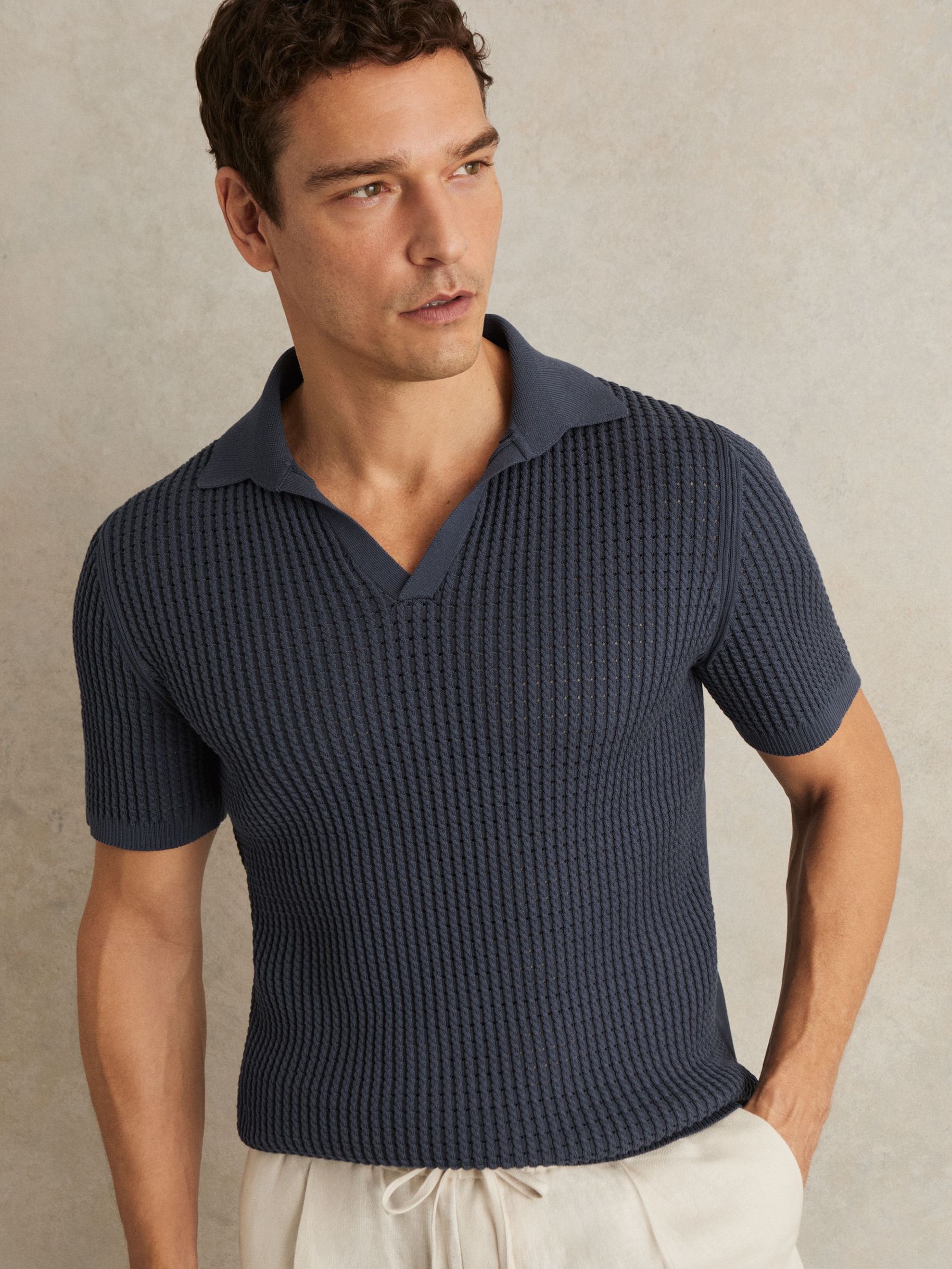 Micro-Cable Open-Collar Cotton-Blend Shirt in Dark Airforce Blue (W24985) | €170
