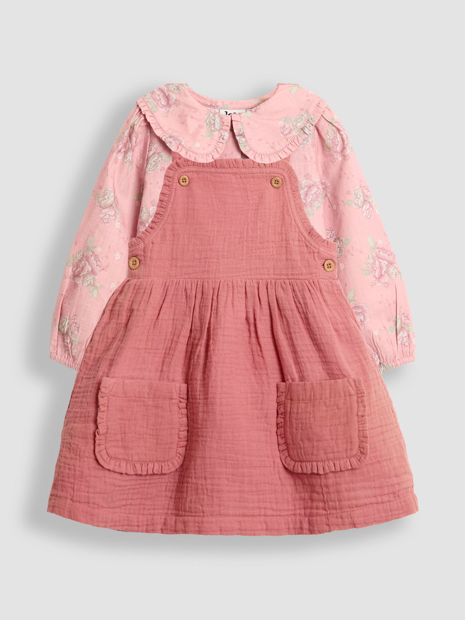 Pink Floral Rose Printed Pinafore Dress & Blouse Set (W26420) | $51 - $62
