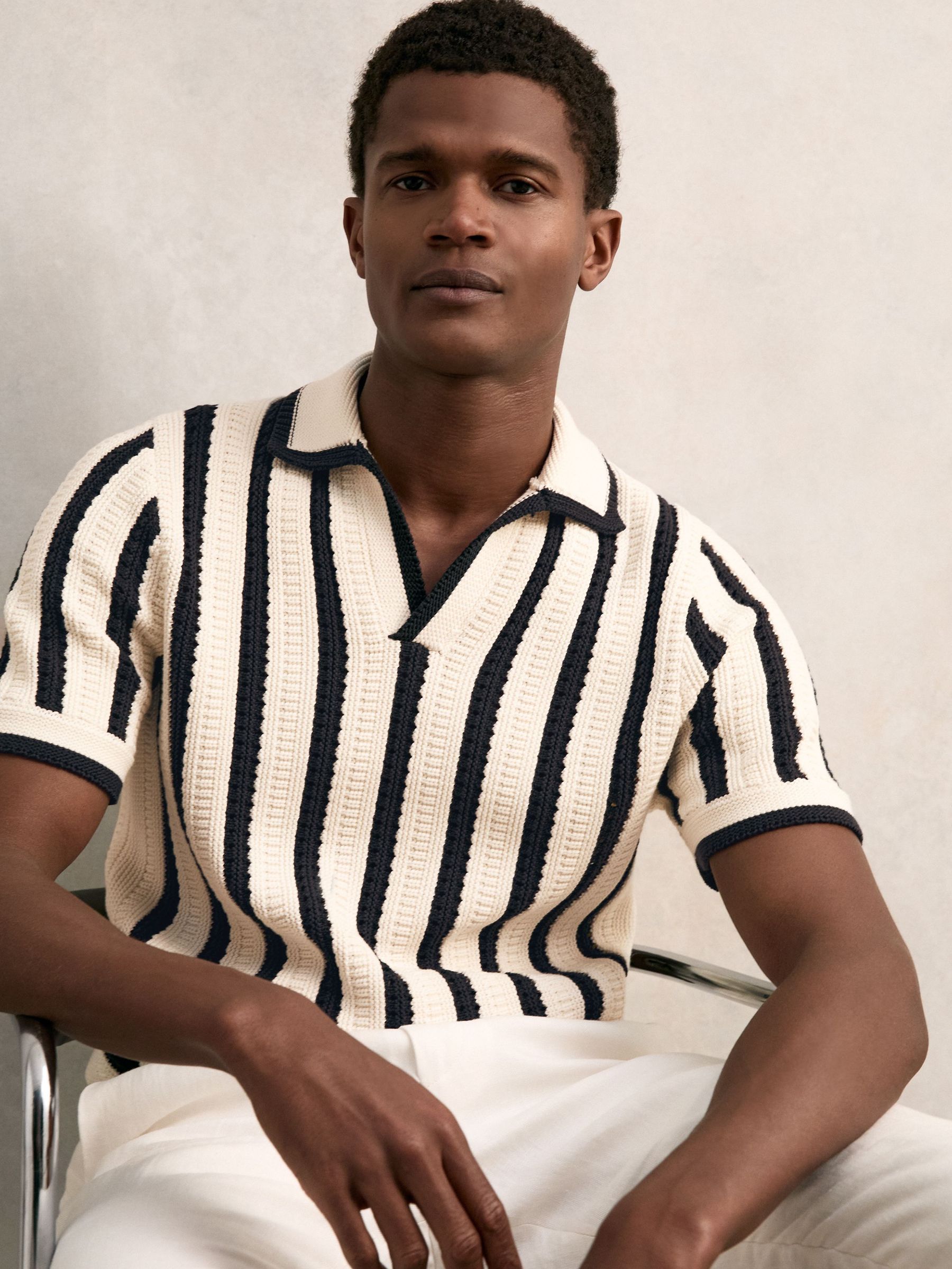 Cotton Blend Stripe Knit Polo Shirt in Off White/Navy (W26461) | US$180