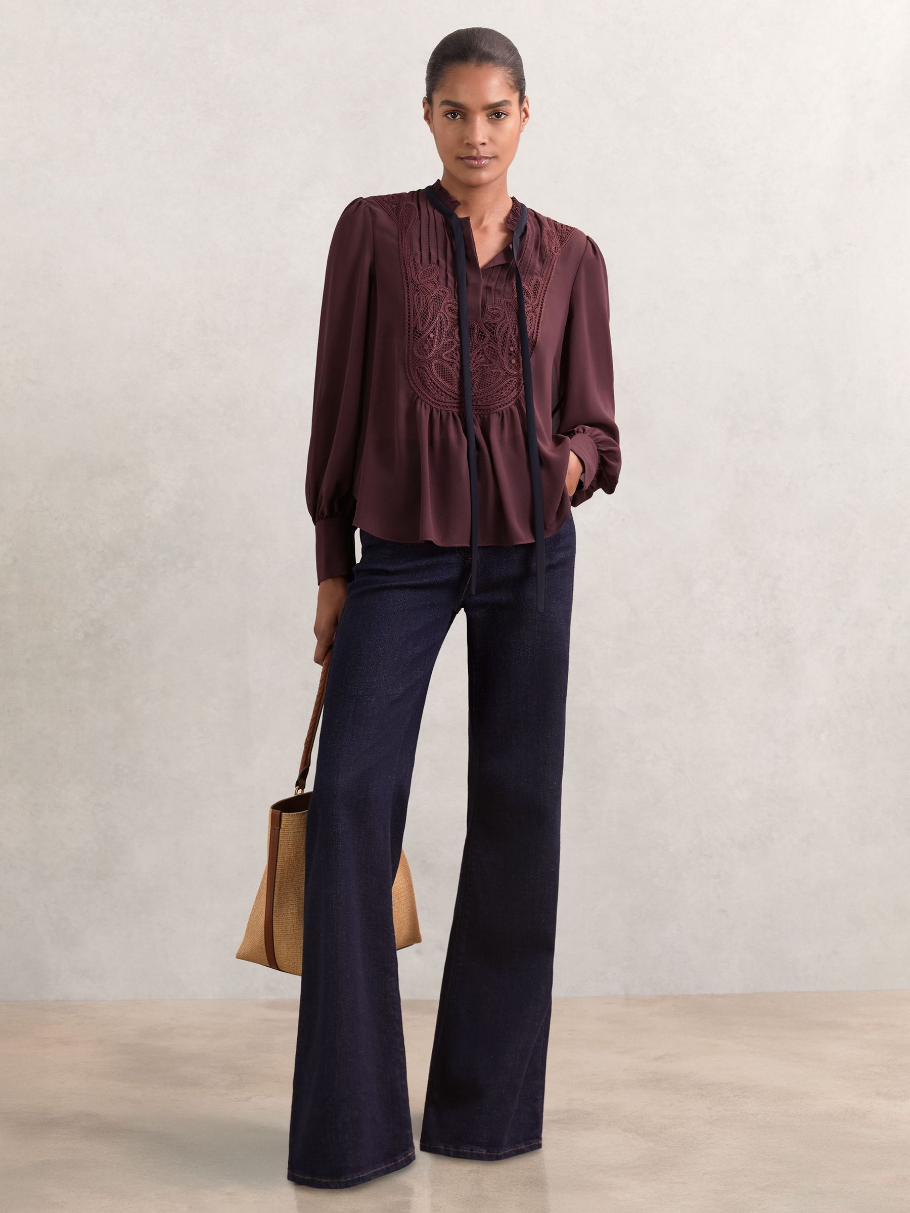 Lace-Embroidered Tie-Neck Shirt in Burgundy (W26858) | €220