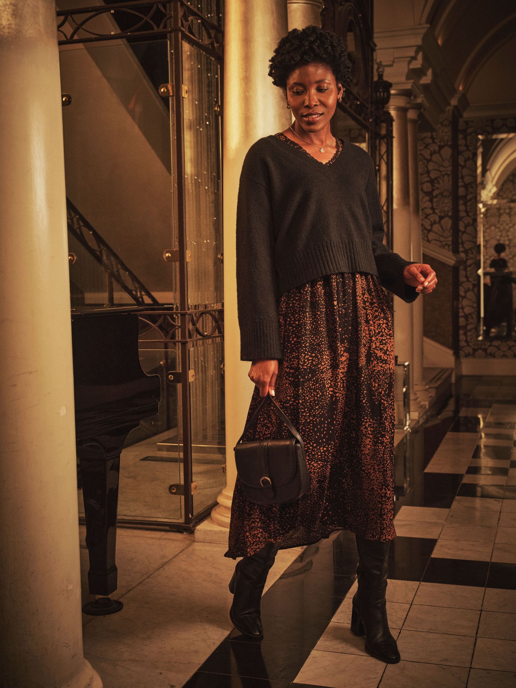 Aileen Black Layered Animal Regular 2 in 1 Midi Dress (W27654) | $129