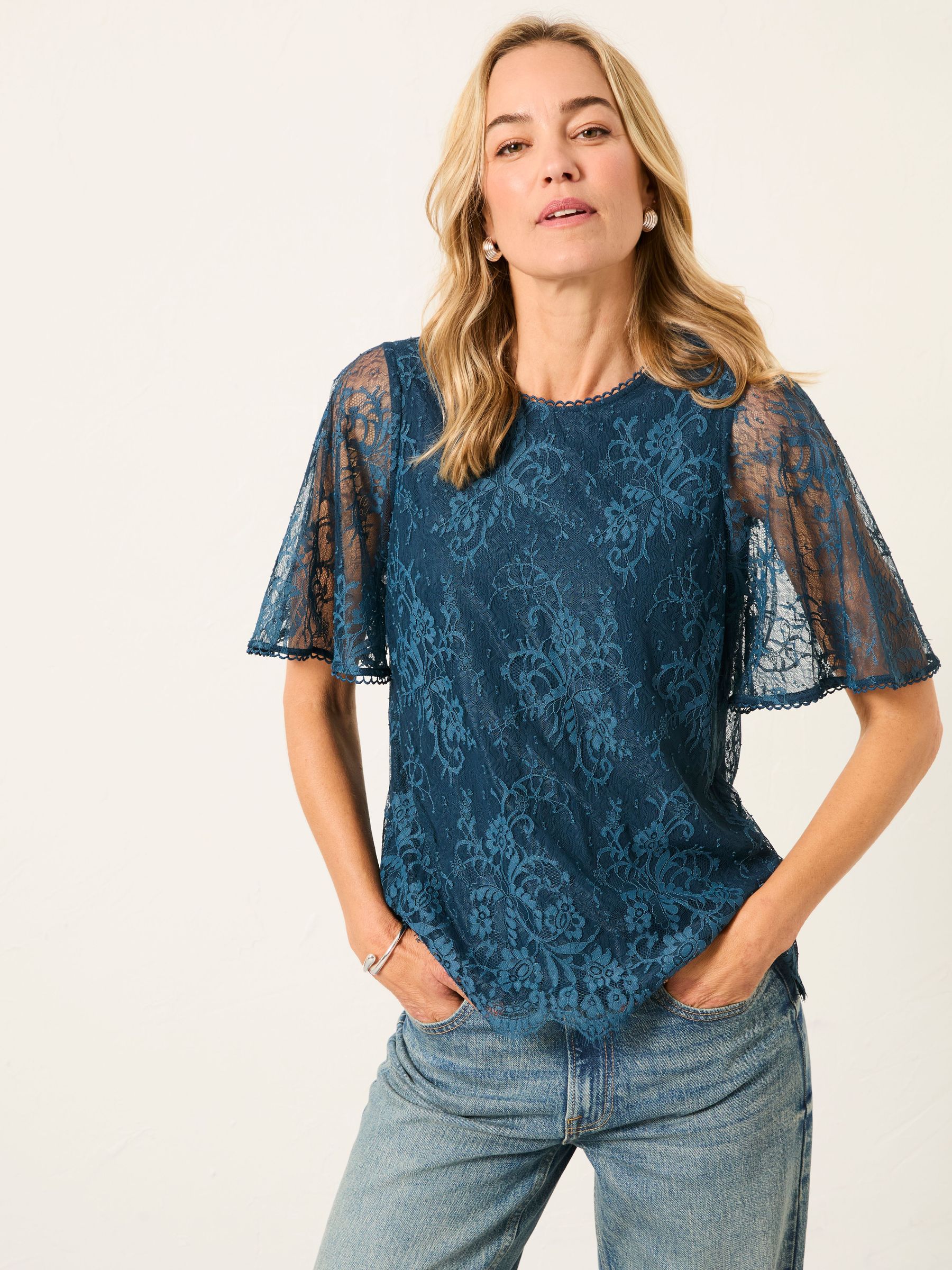 Claudi Teal Blue Lace Round Neck Blouse (W27685) | $105