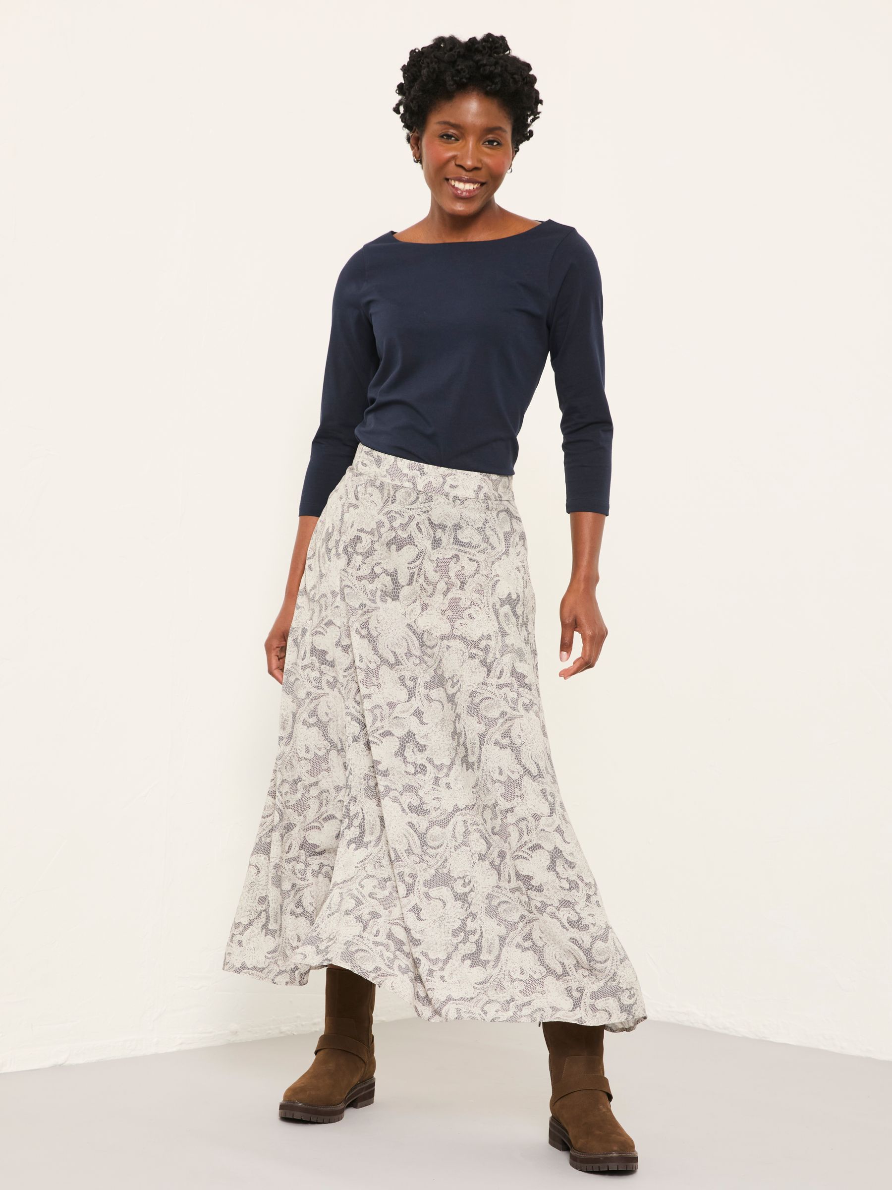 Skye Charcoal Grey Decorative Floral Midi Skirt (W27716) | $105