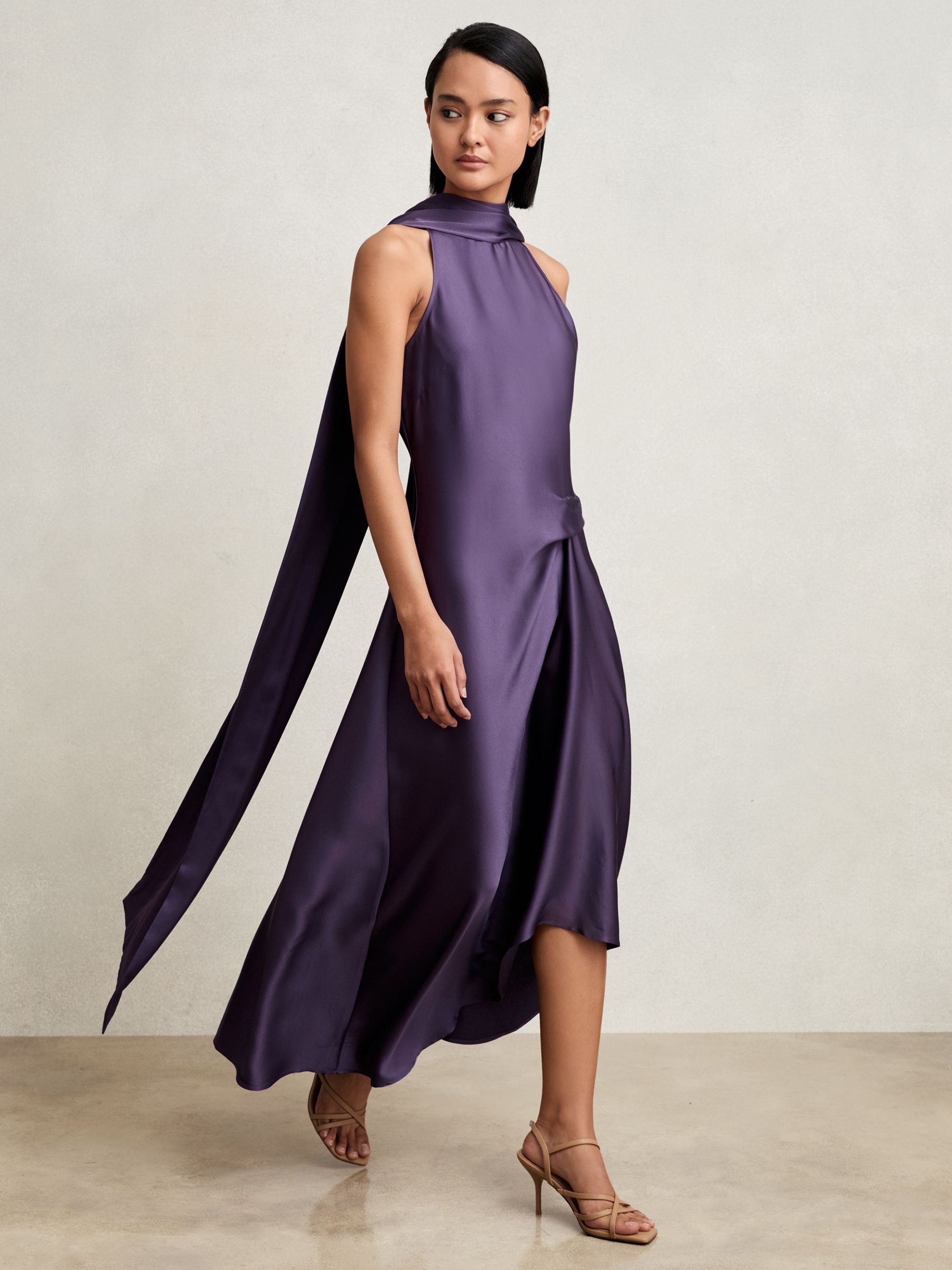 Satin Tuck-Detail Cape Midi Dress in Purple (W29730) | $295