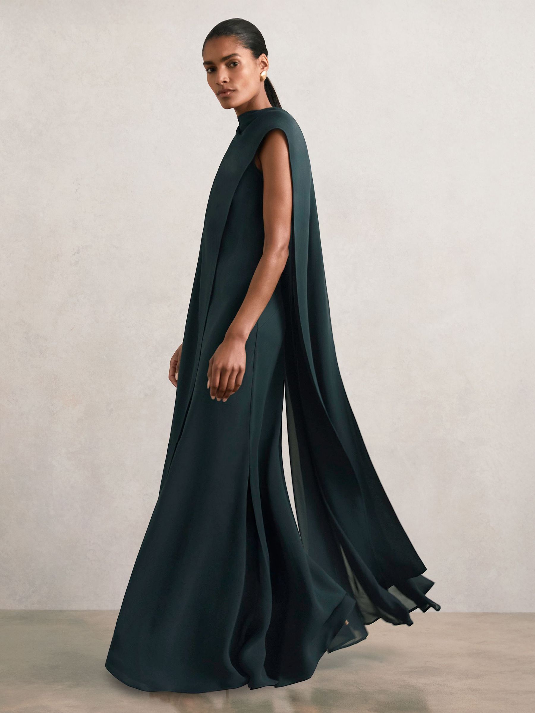 Crepe Cape Maxi Dress in Teal Green (W29733) | $595