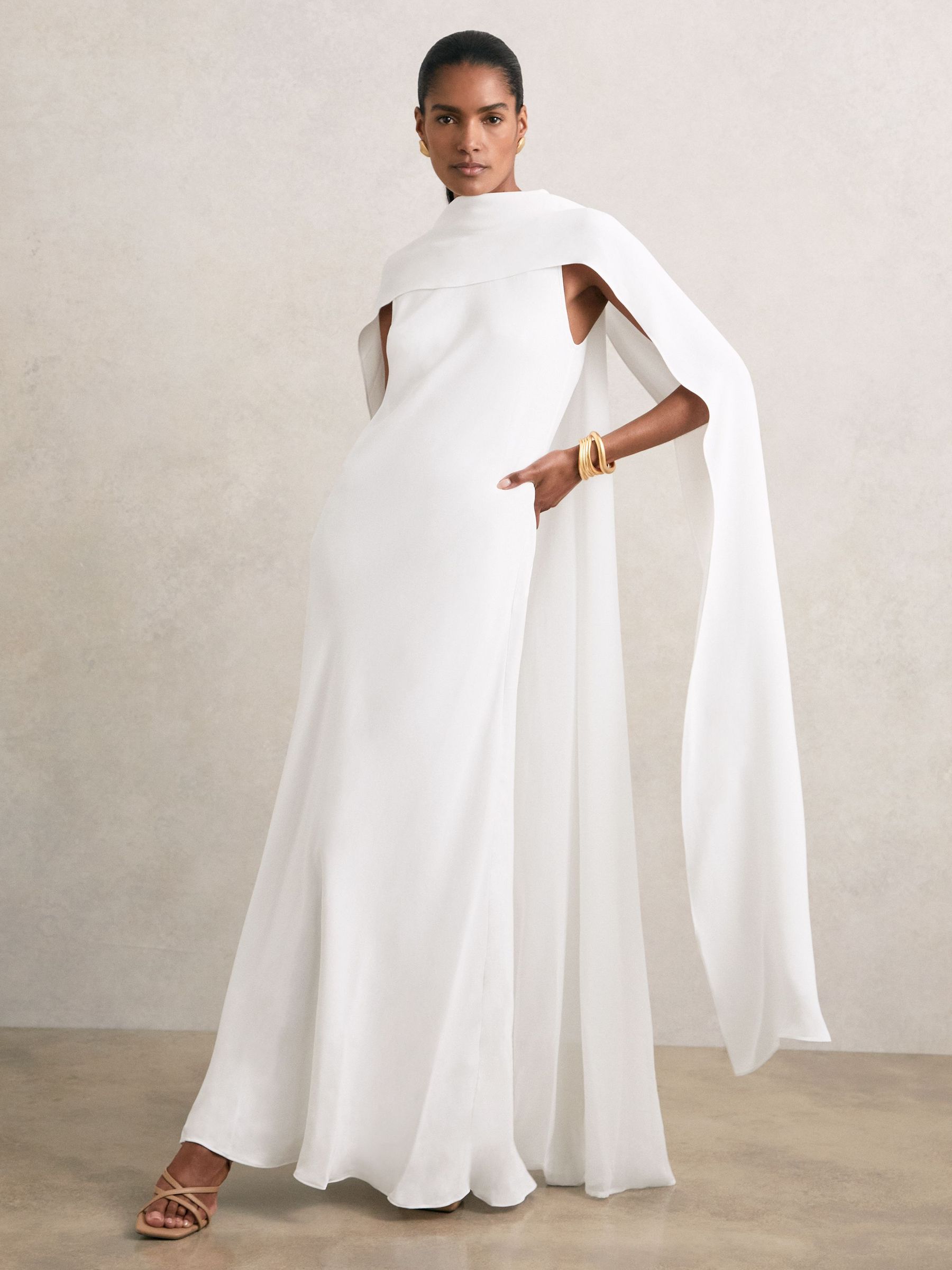 Crepe Cape Maxi Dress in White (W29738) | $595