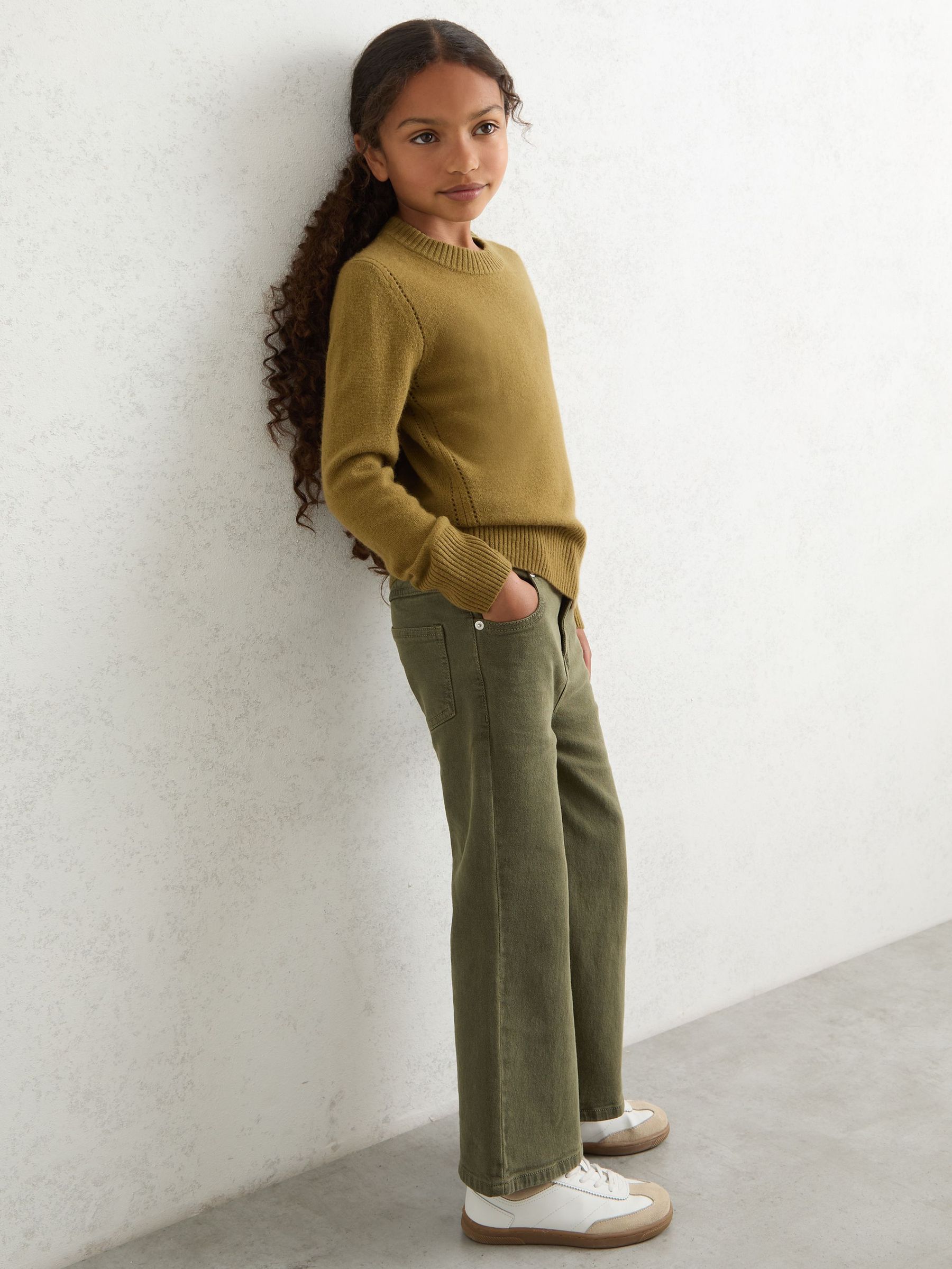 9-13 yrs Wool-Blend Open-Stitch Jumper with Cashmere in Khaki Green (W29739) | 235 QAR