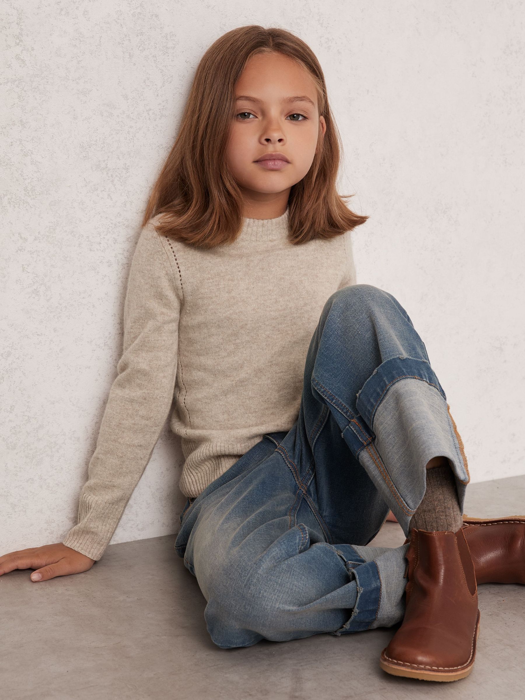 9-13 yrs Wool-Blend Open-Stitch Jumper with Cashmere in Oatmeal (W29754) | $80