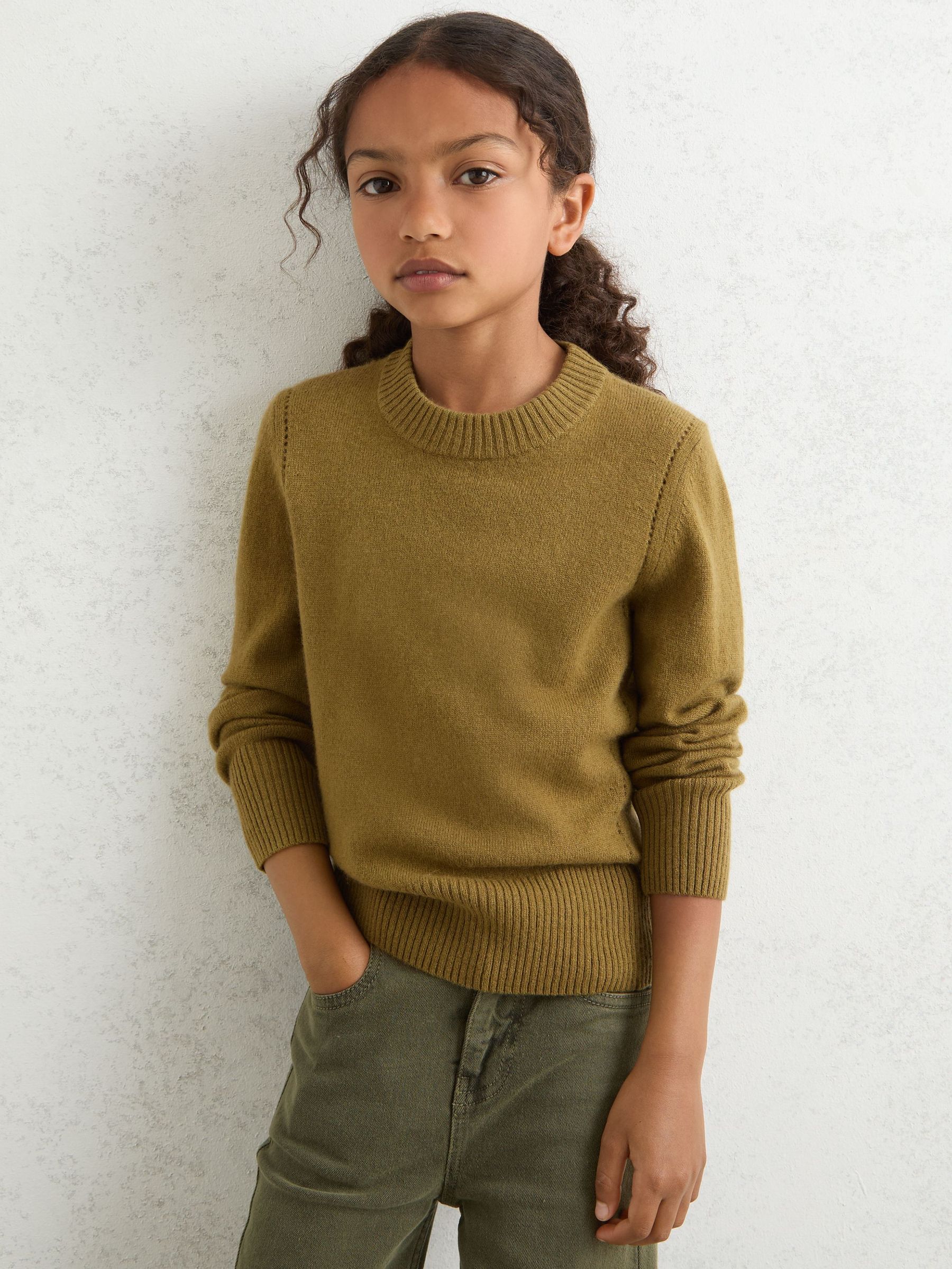 3-9 yrs Wool-Blend Open-Stitch Jumper with Cashmere in Khaki Green (W29759) | 210 QAR