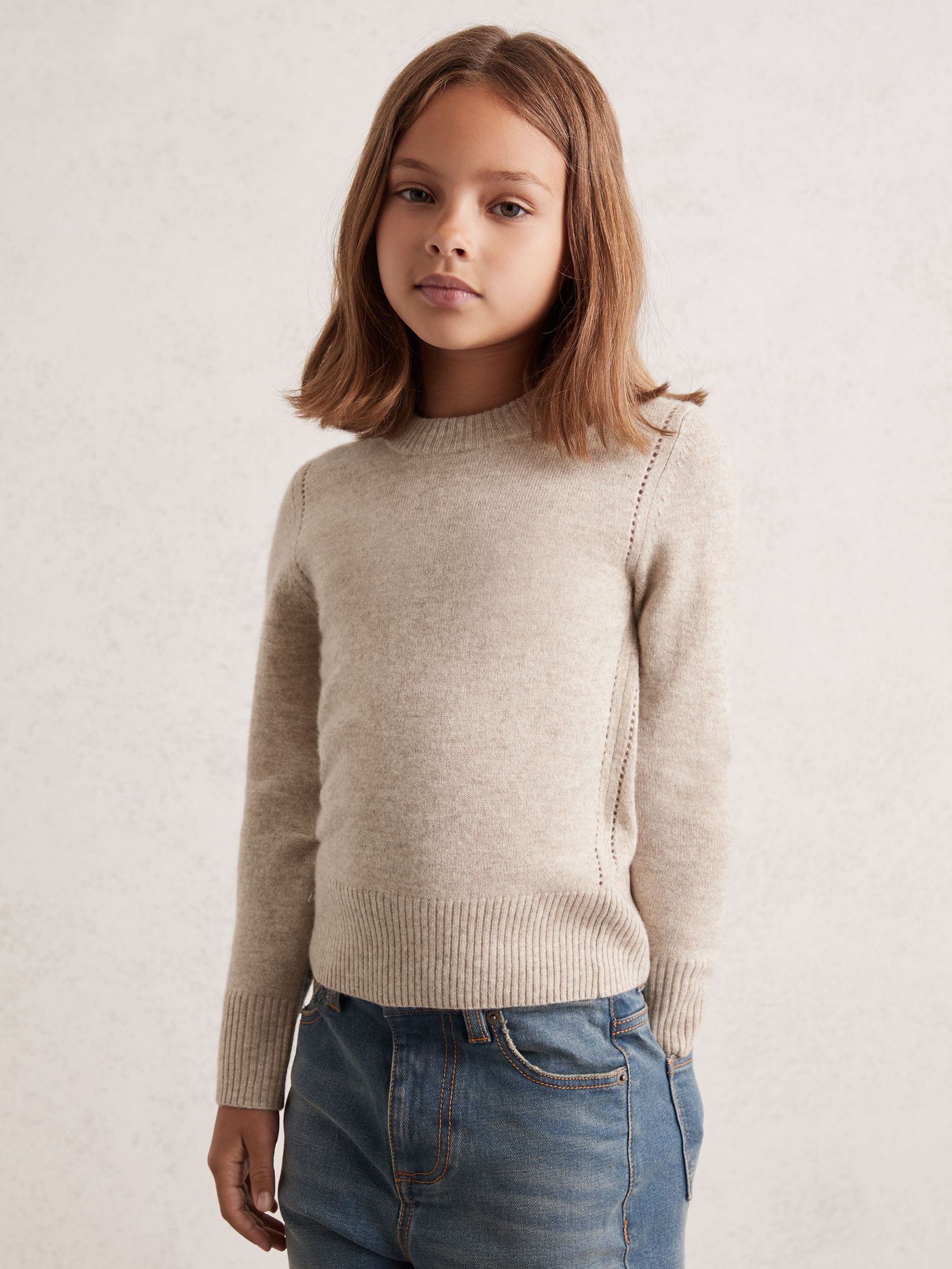 3-9 yrs Wool-Blend Open-Stitch Jumper with Cashmere in Oatmeal (W29762) | $75
