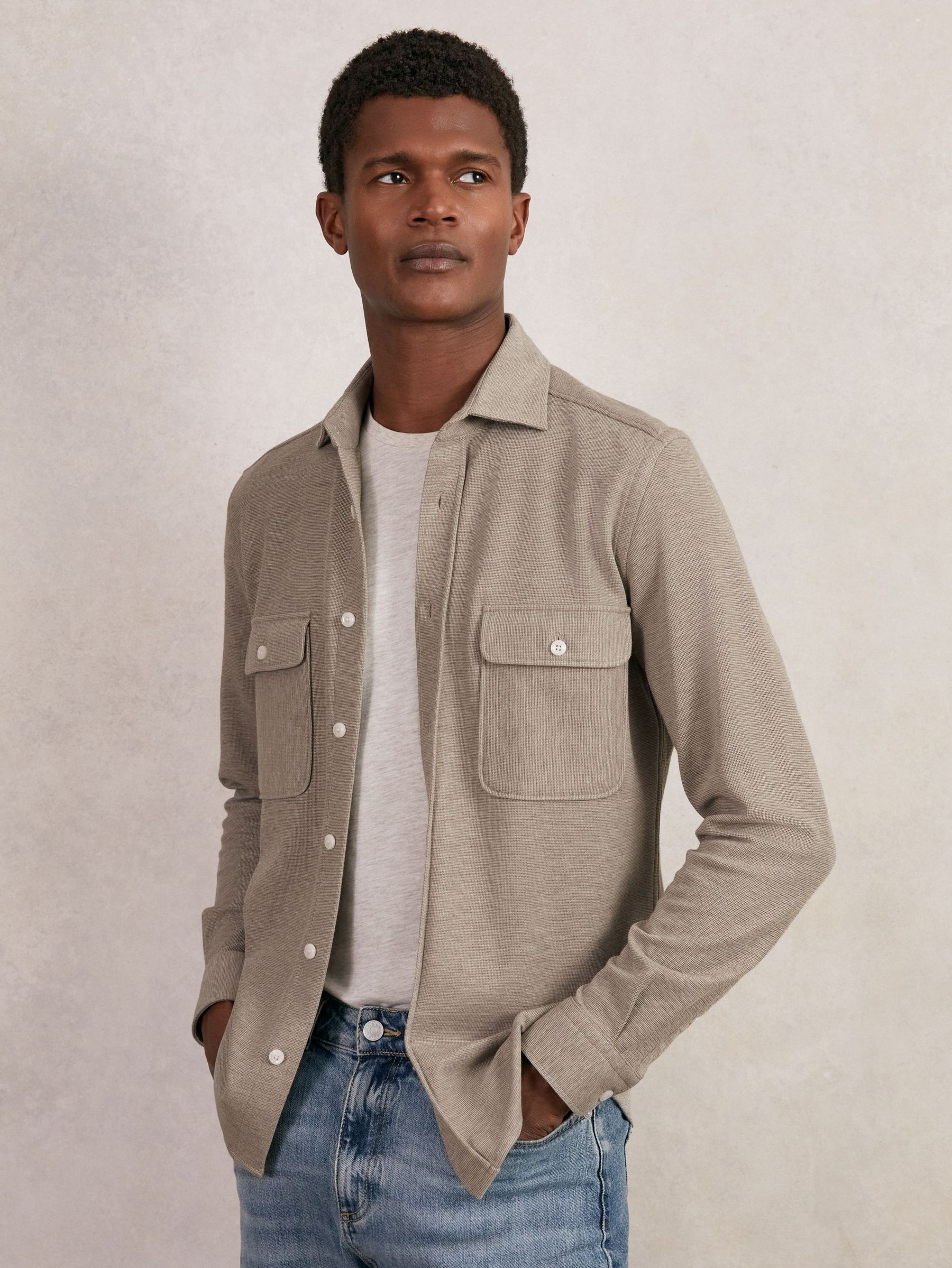 Textured Twin Pocket Cotton Blend Overshirt in Oatmeal Brown Melange (W30176) | $190