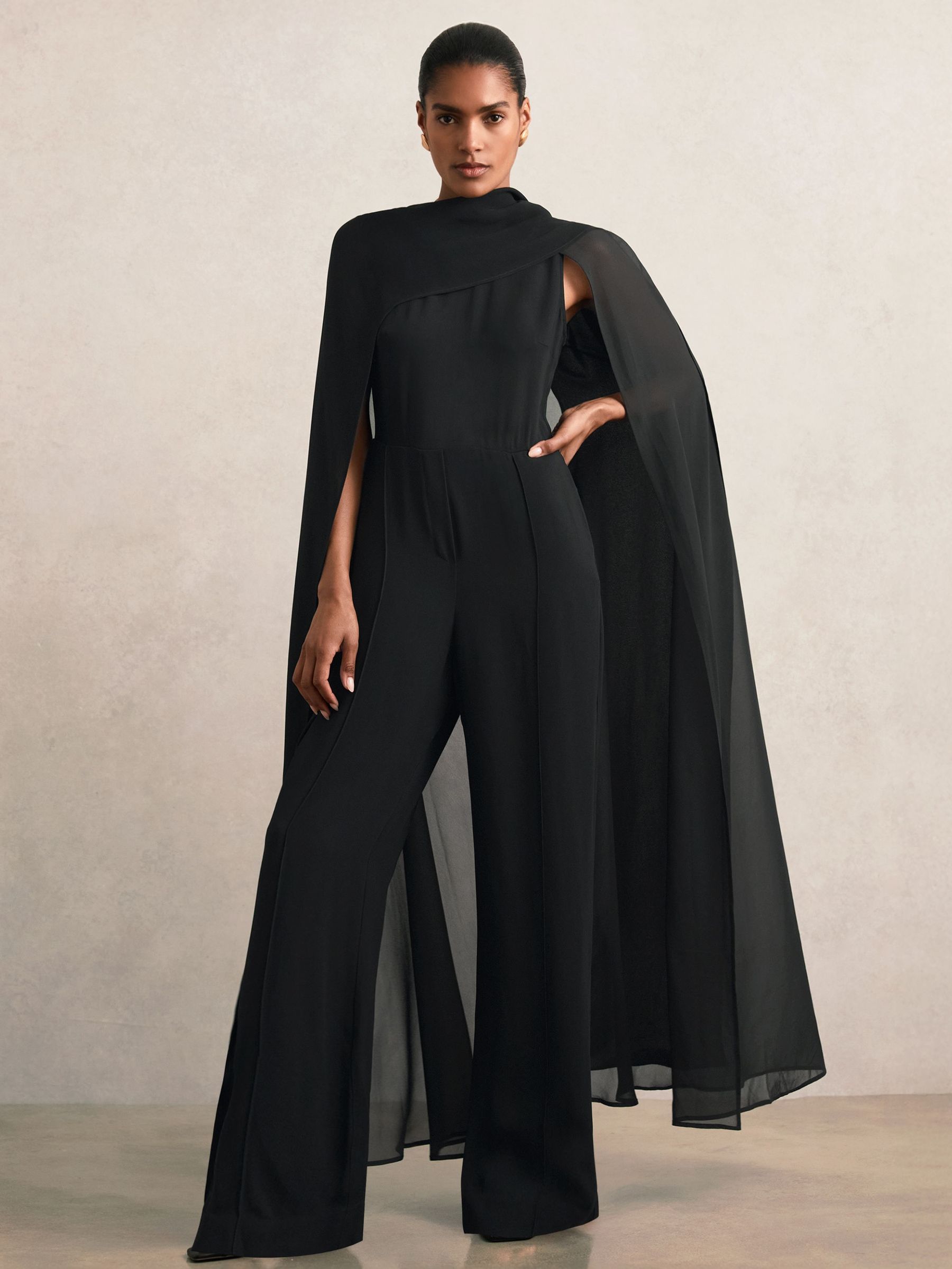 Wide-Leg Cape Jumpsuit in Black (W30187) | $595