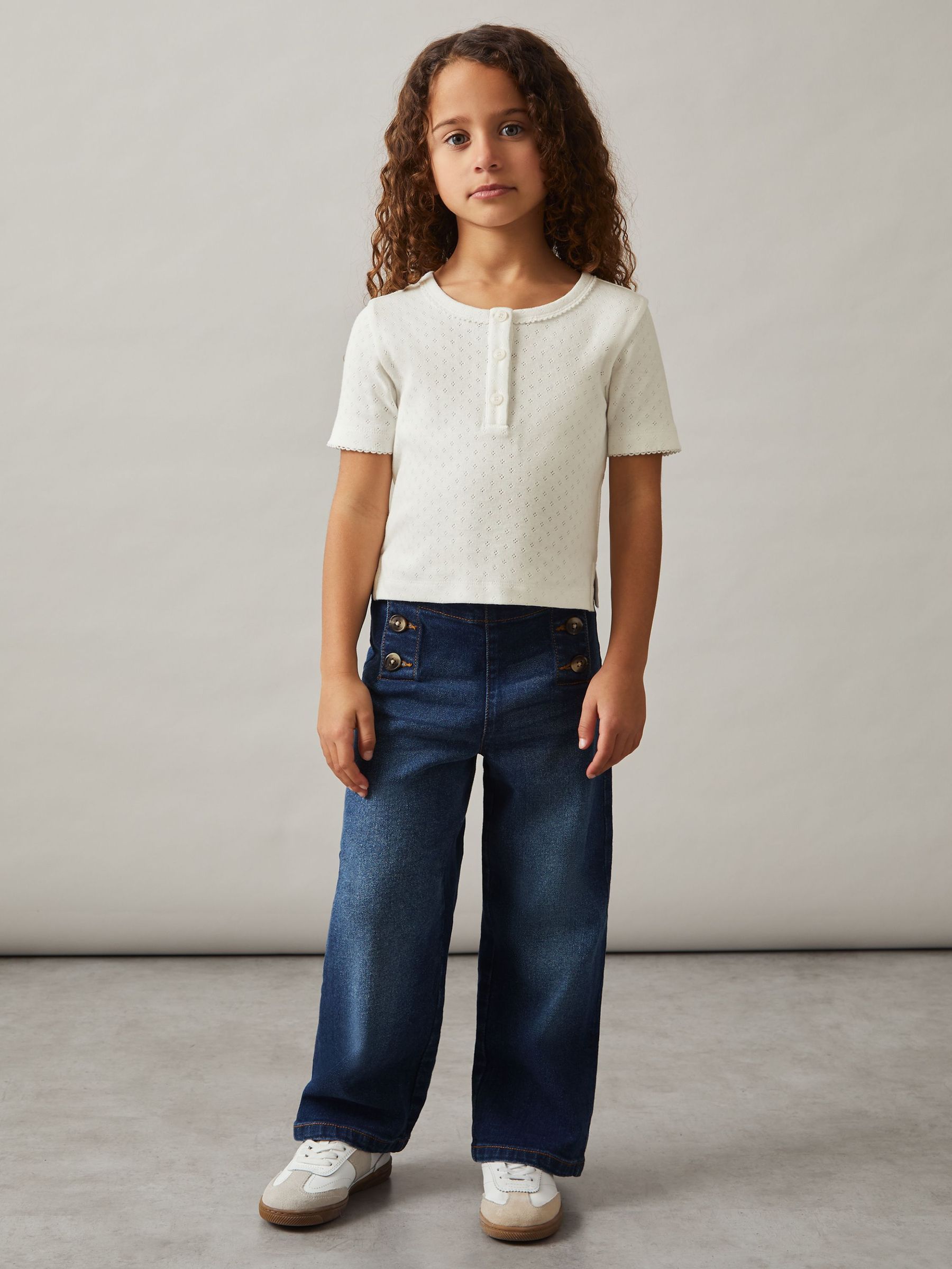 Cotton Pointelle Button T-Shirt in Ivory (W30197) | US$50