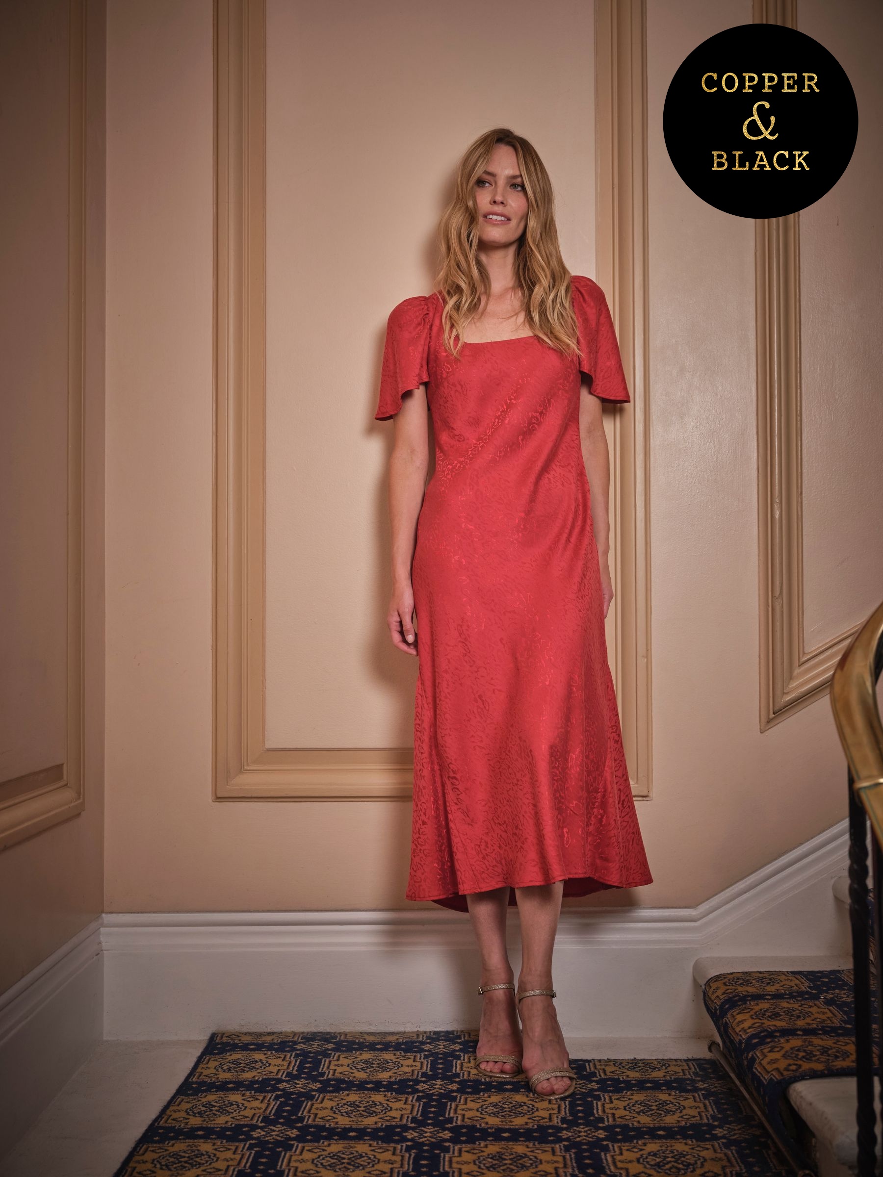 Luna Red Petite Square Neck Jacquard Midi Dress (W30941) | $154