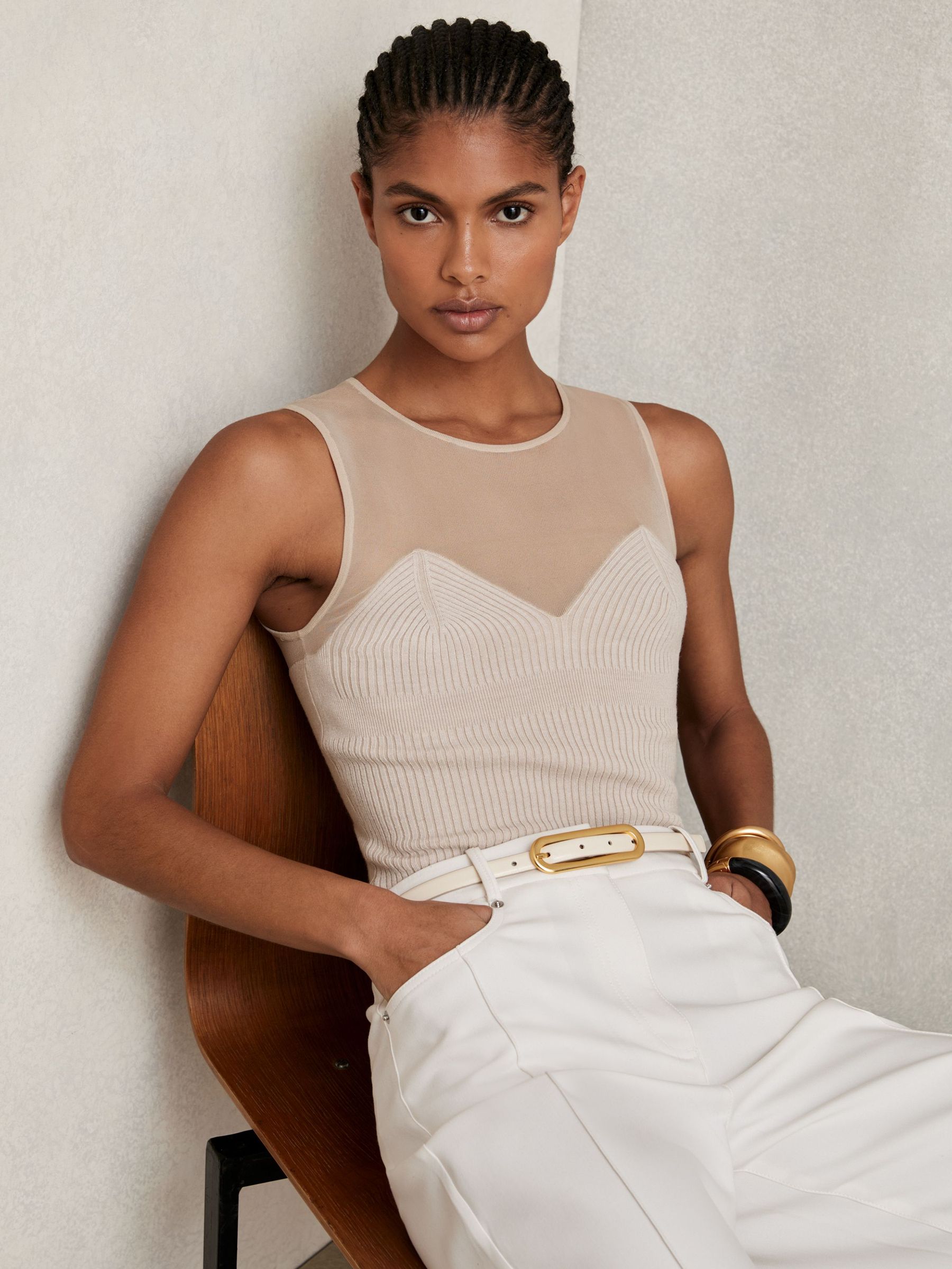 Mesh Rib-Knit Sweetheart Vest in Pink Neutral (W31498) | HK$1,660