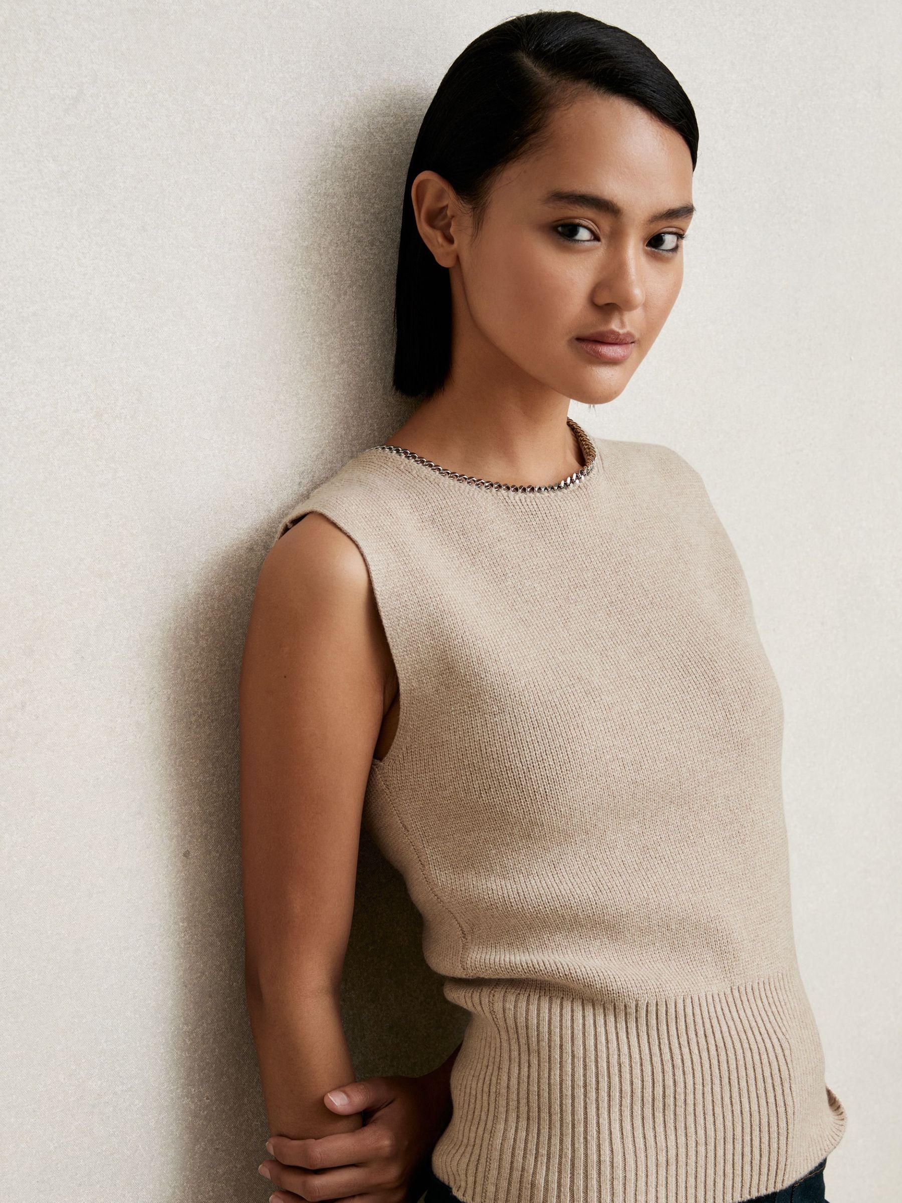 Wool-Blend Necklace-Trim Knitted Vest in Neutral (W31581) | US$195