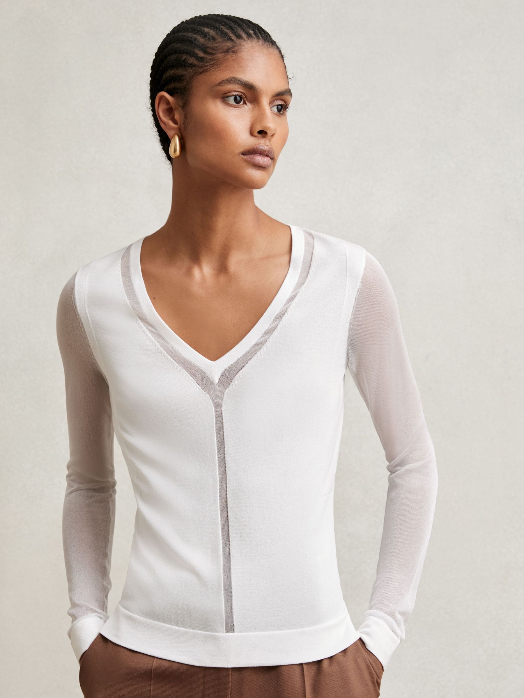 Sheer-Detail V-Neck Top in White (W31588) | €155