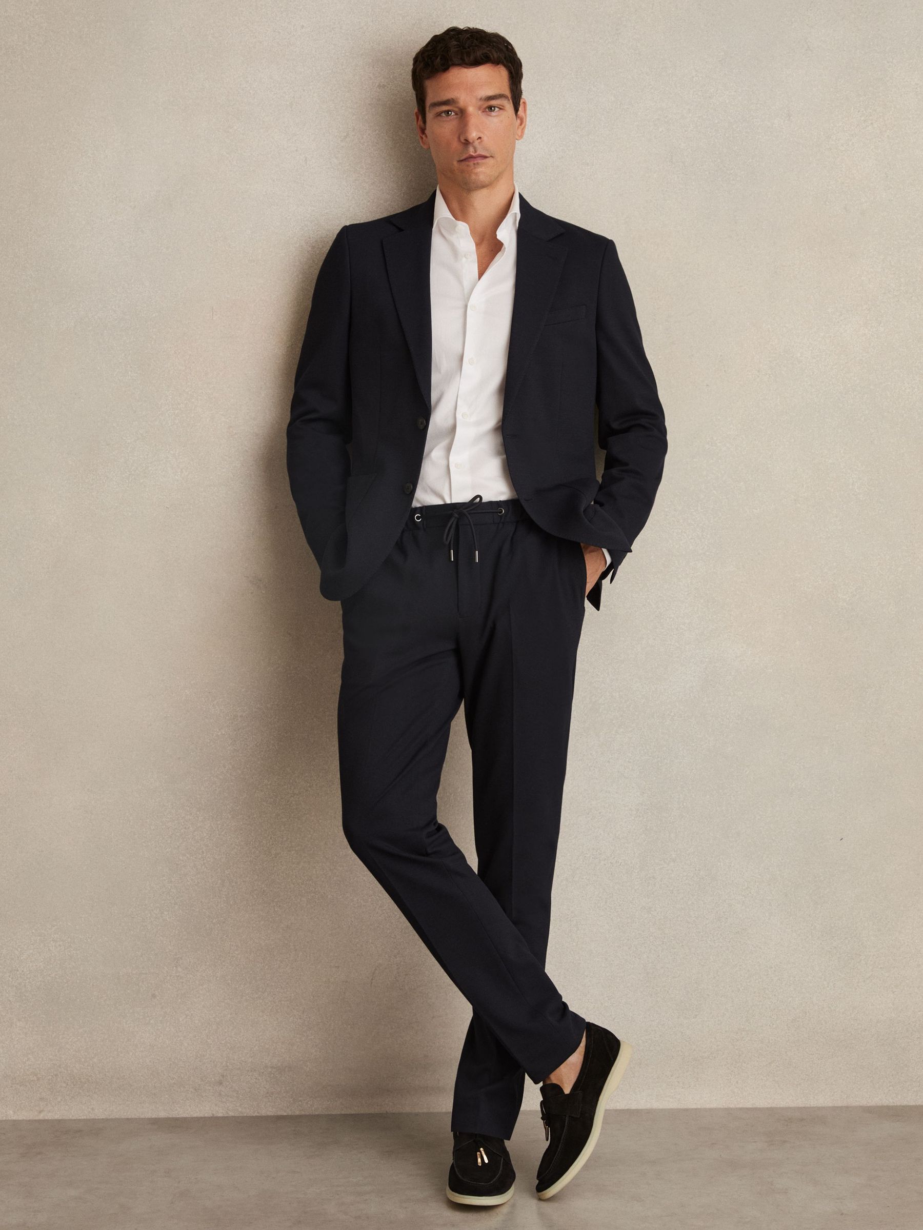 Slim Fit Jersey Drawstring Suit Trousers in Navy (W32850) | US$190