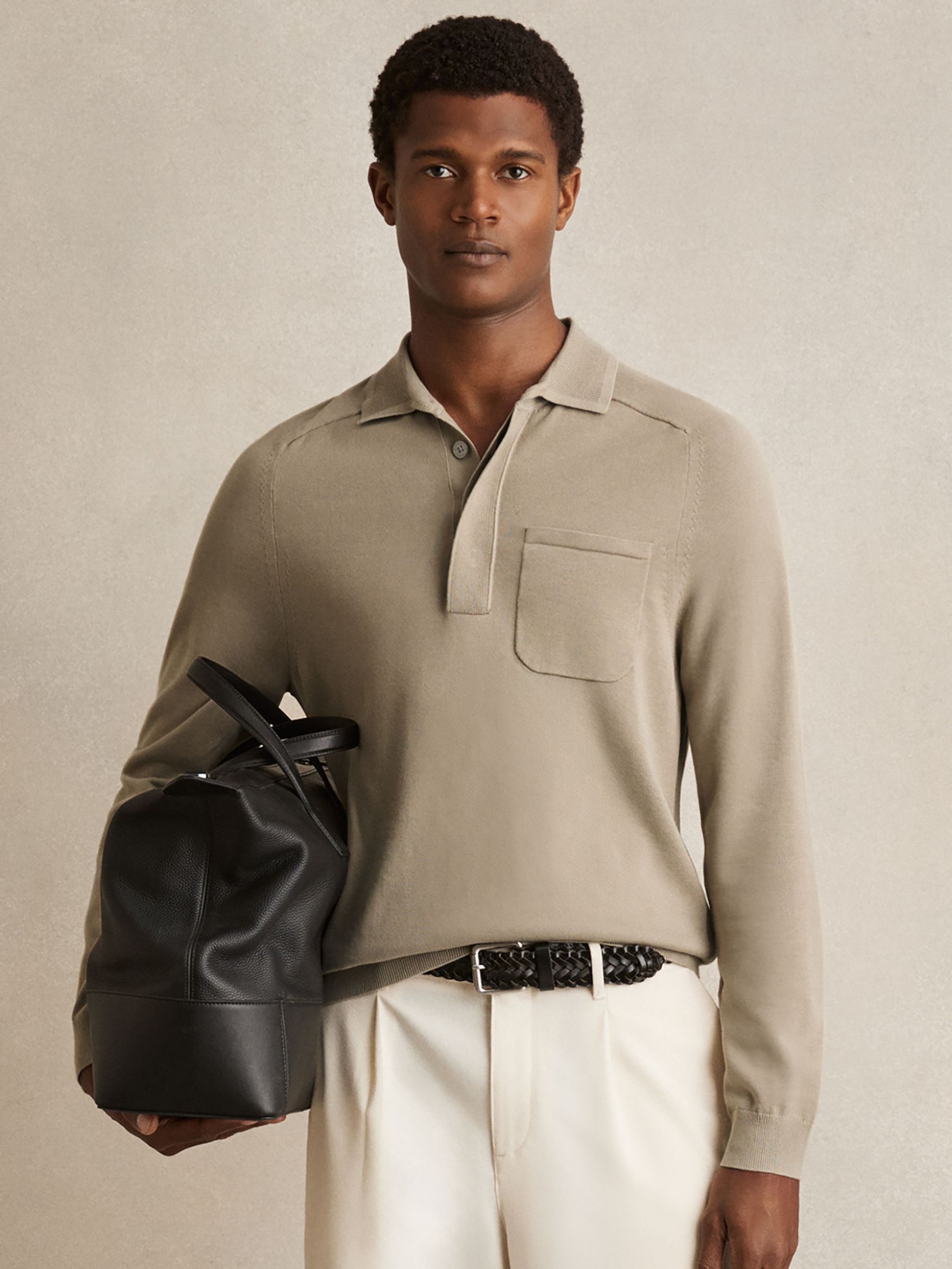 Cotton Concealed Placket Polo Shirt in Light Sage Green (W32852) | US$180