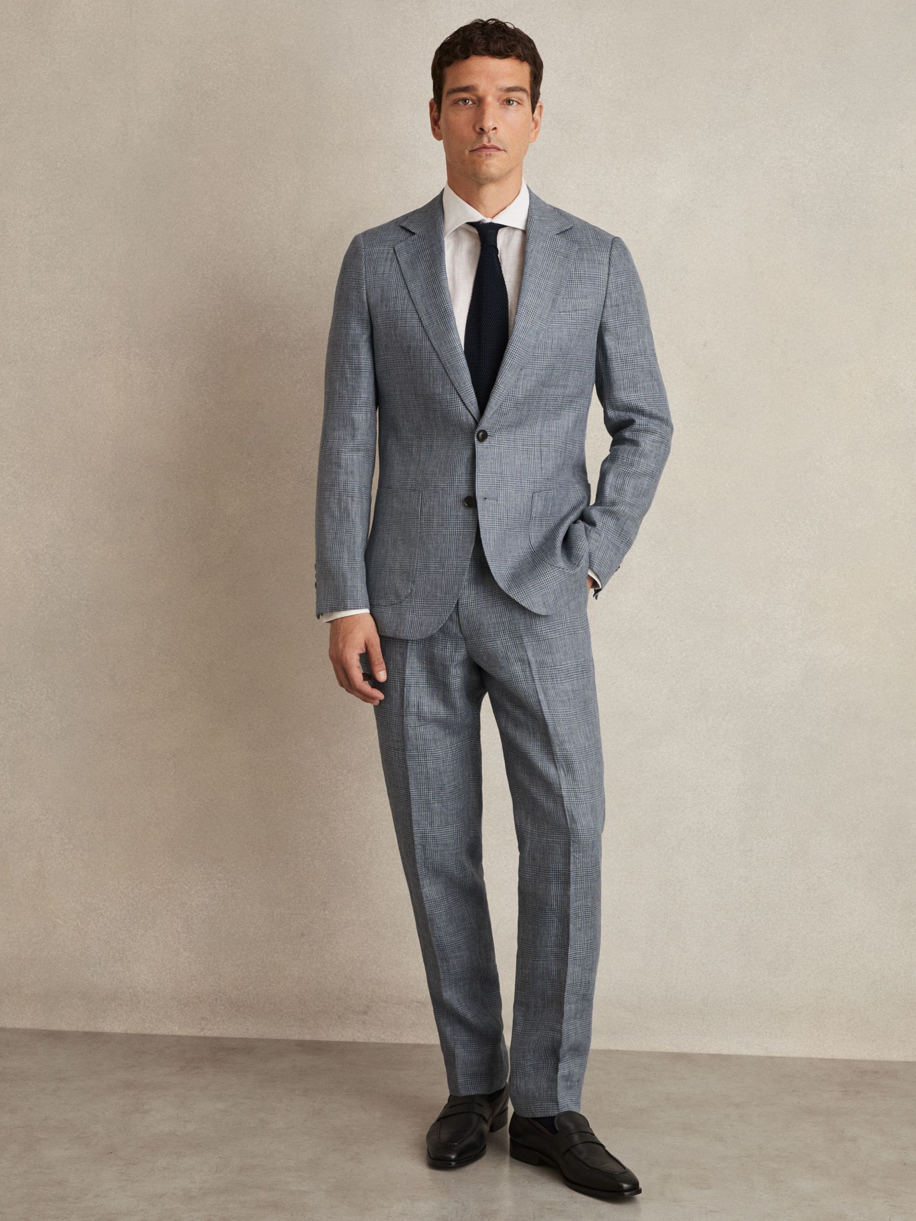 Slim Fit Linen Check Suit Trousers in Soft Blue (W32858) | US$265
