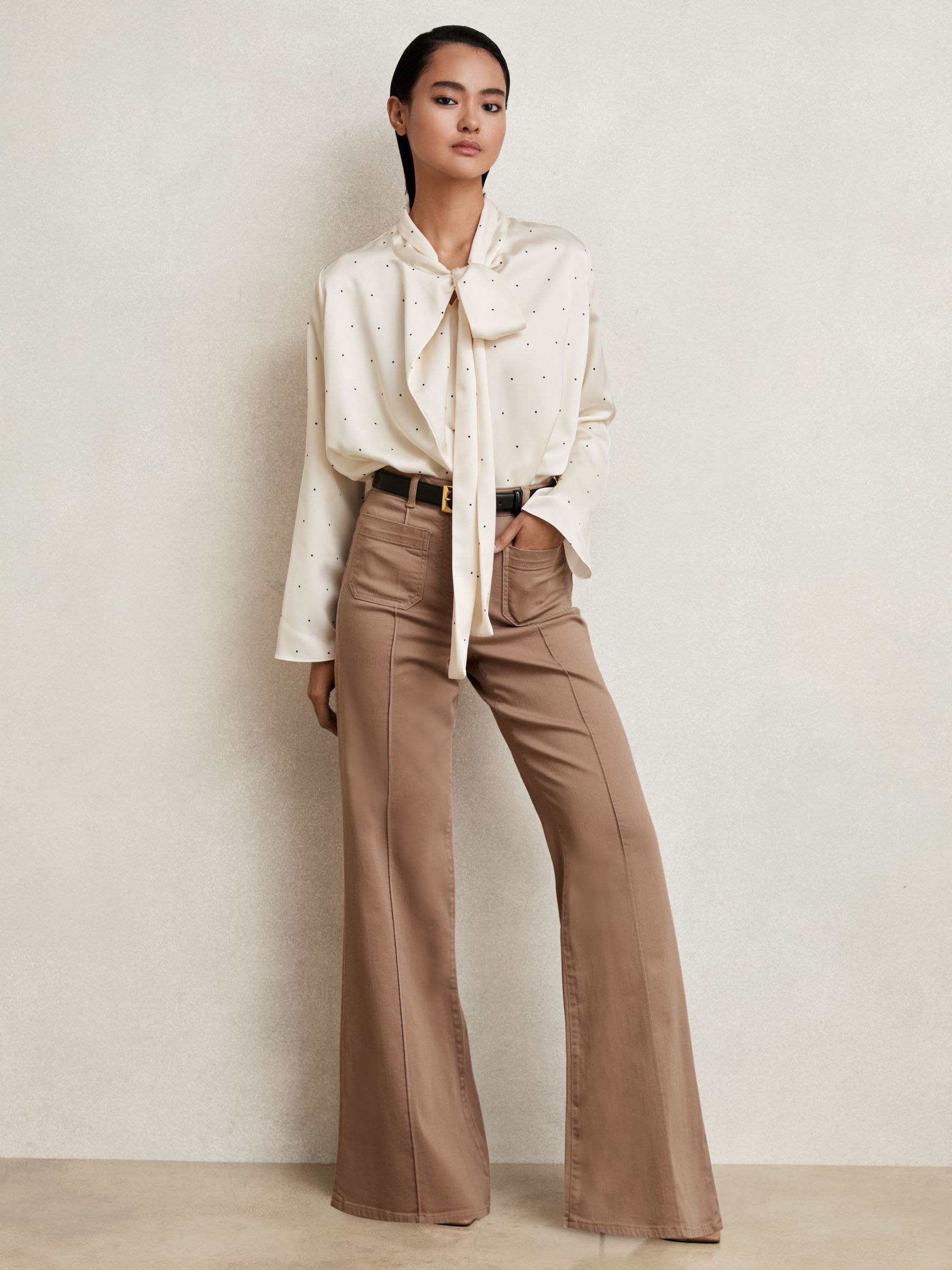 Satin Polka-Dot Tie-Neck Blouse in Ivory (W32859) | US$195